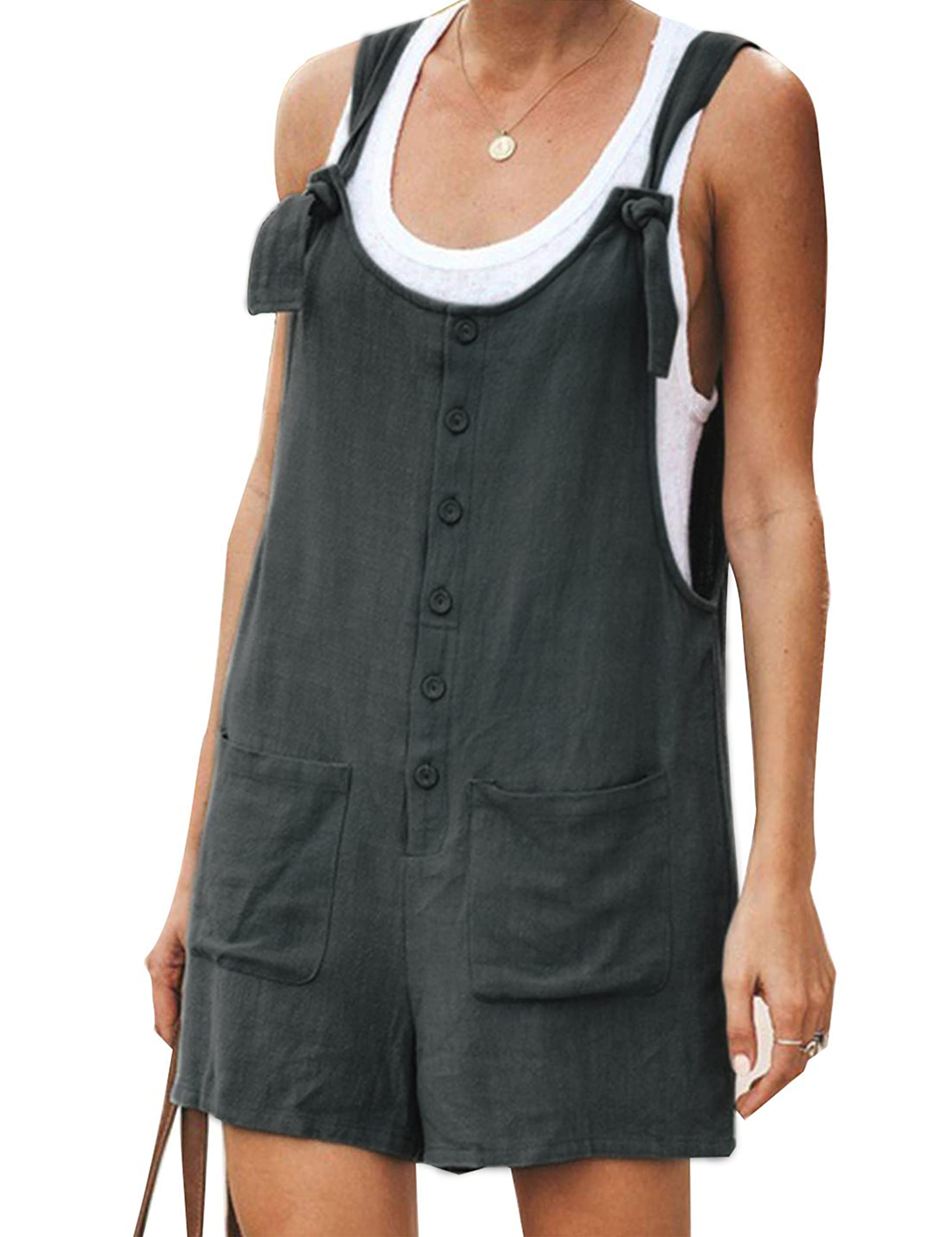 Yeokou Women's Casual Summer Cotton Linen Romper Overalls - Breathable Short Sleeve Jumpsuit with Pockets for Outdoor Activities, Beach Vacation & Daily Wear