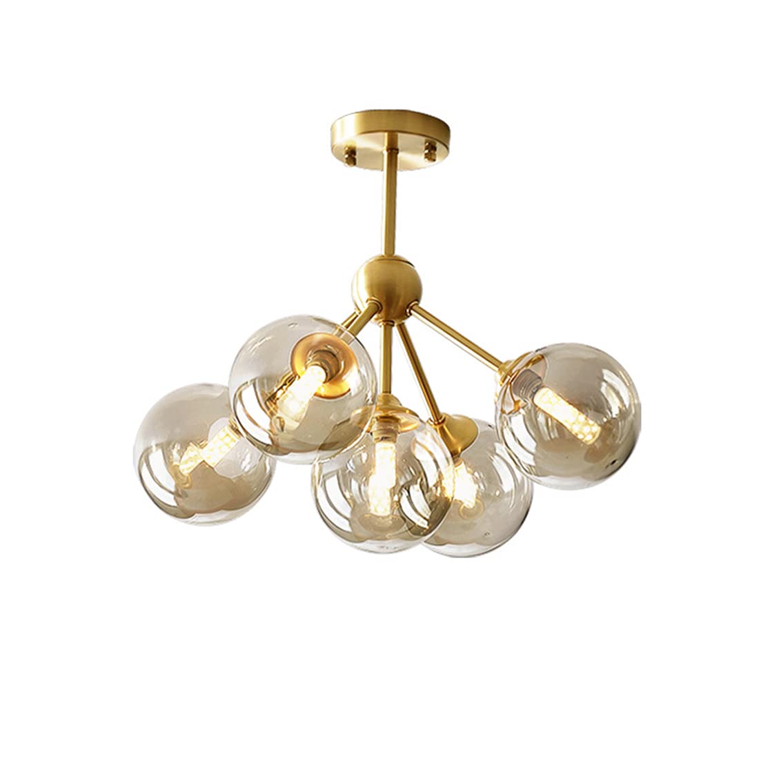 Bepuzz 5-Light Modern Glass Sputnik Chandelier - Gold Brushed Brass Linear Hanging Pendant Light with Molecule Design - Elegant Ceiling Fixture for Bedroom, Living Room, Hallway, Dining Room - Perfect for Contemporary Home Decor & Lighting