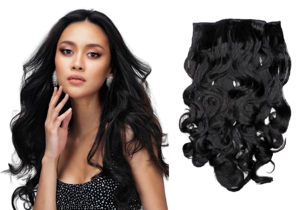 5-Piece Black Curly Hair Extensions Clip-in Set for Women & Girls - Natural Looking Synthetic Hairpieces for Daily Wear, Parties & Cosplay