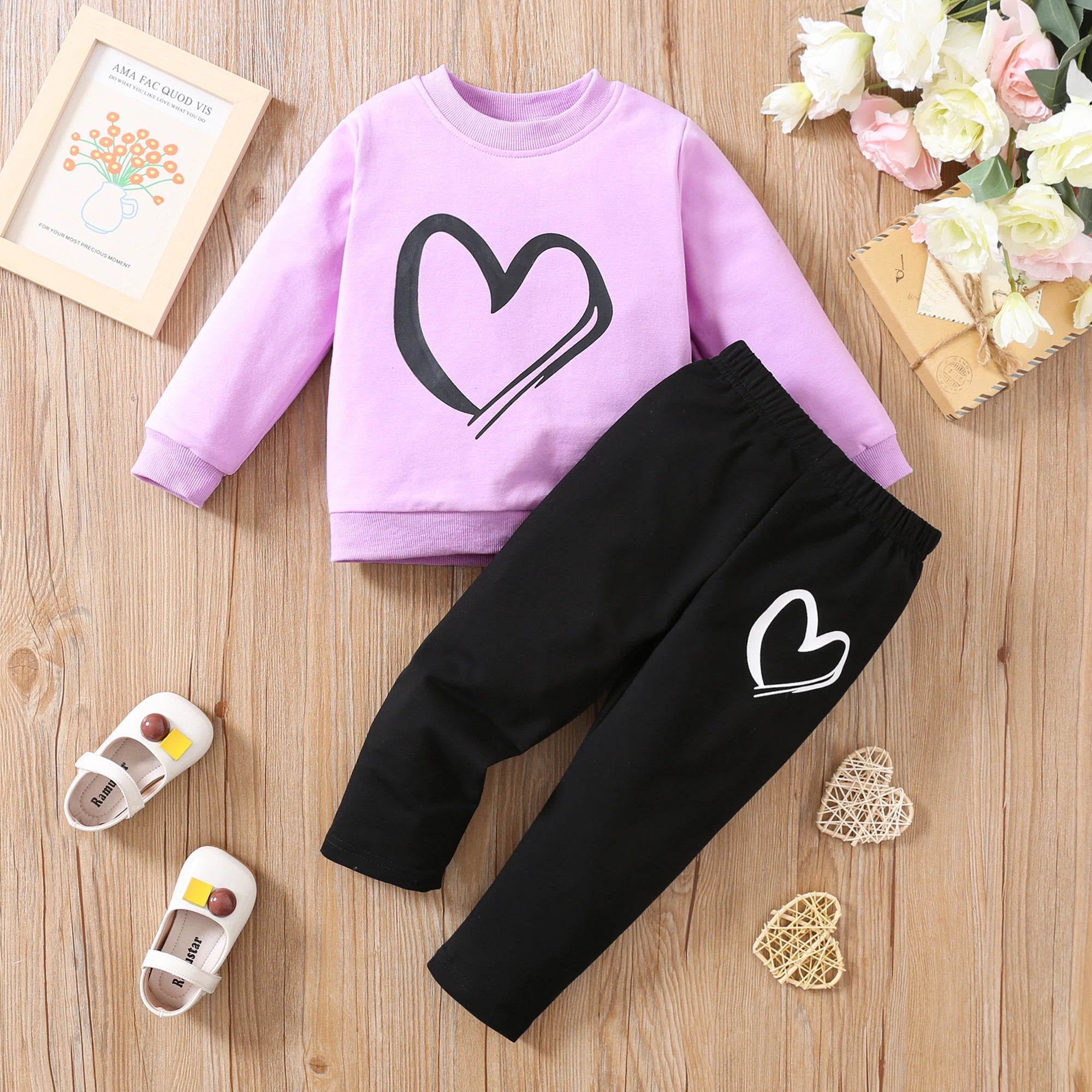 Girls' Long Sleeve Love Print Blouse & Cotton Pants Set - Valentine's Day Kids Fashion Outfit for Autumn | Casual Wear for School, Playdates & Family Photos