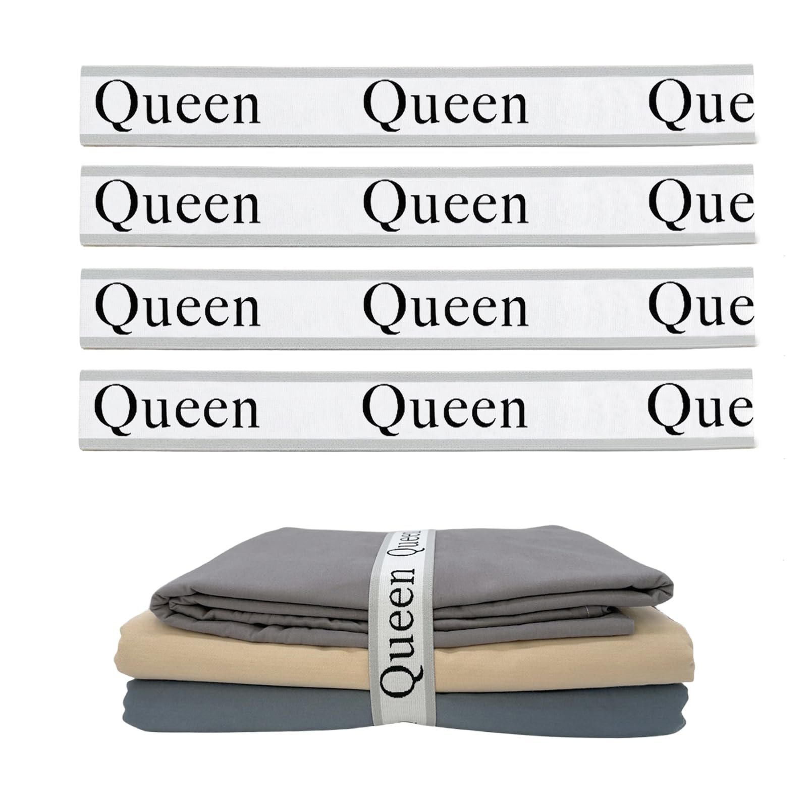 4-Piece Queen Size Bed Sheet Organizer Bands - Elastic Sheet Storage Labels for Closet Organization - Linen Keeper Bands for Bedding Sets (Grey) | Perfect for Organizing Queen Sheets, Blankets & Duvet Covers in Your Bedroom Closet