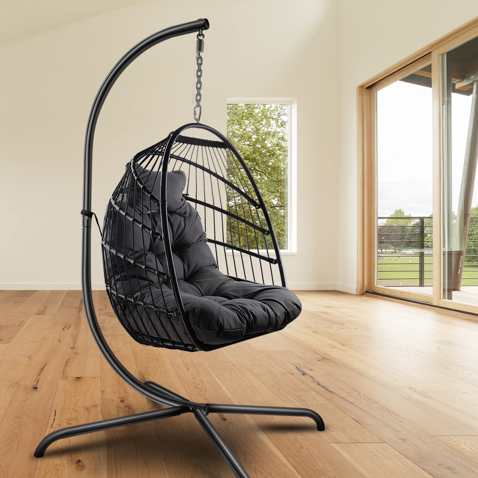 Indoor Outdoor Hanging Swing Egg Chair with Stand - Wicker Rattan Patio Basket Hammock Chair with Metal Frame, Cushion & Pillow - 350LBS Capacity - Perfect for Backyard, Garden, Balcony & Porch Relaxation
