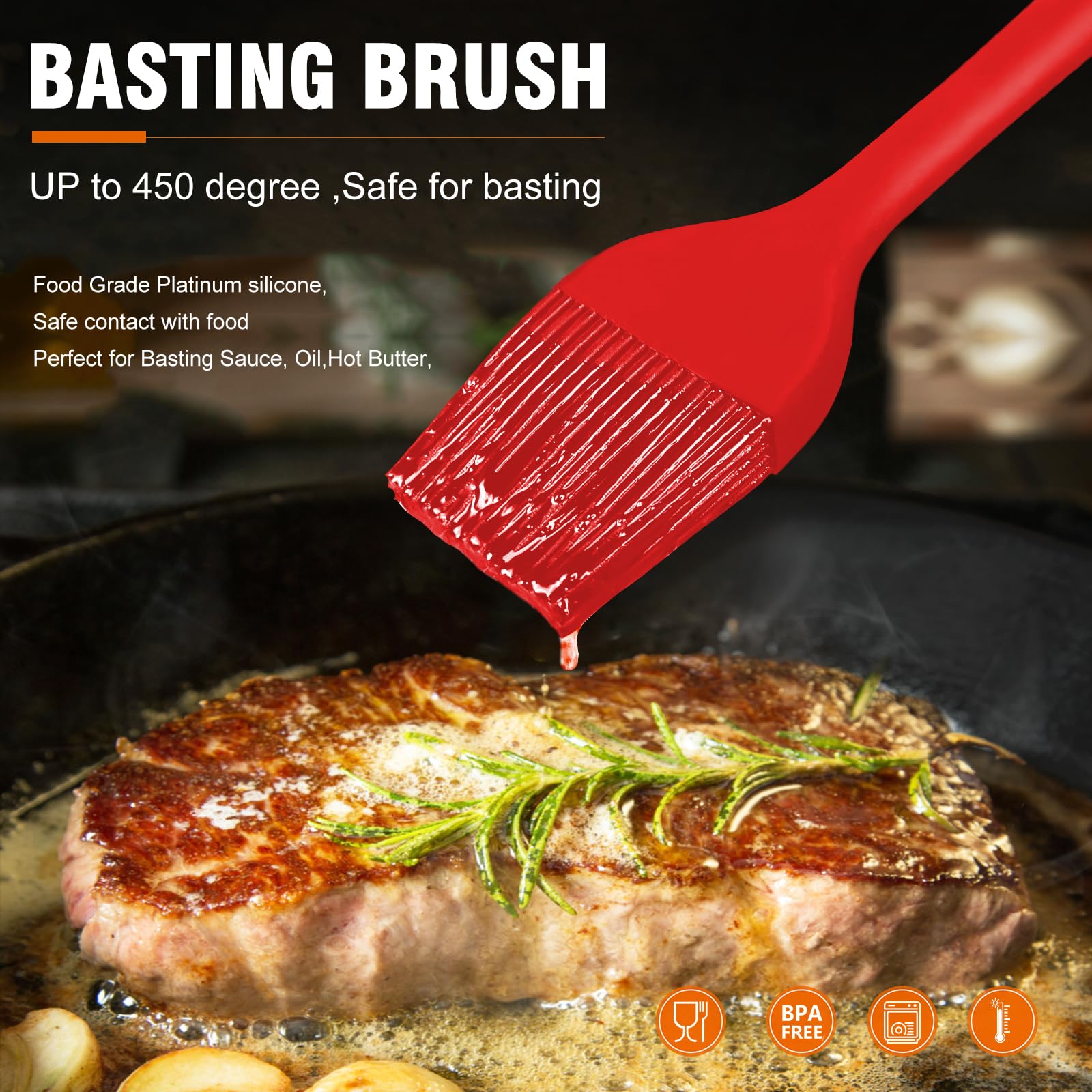 Walfos Silicone Basting Pastry Brush Set - 2 Pack Heat Resistant BBQ & Baking Brushes with Steel Core, One-Piece Design for Grilling, Cooking, Cake Decorating - BPA Free & Dishwasher Safe (Red)
