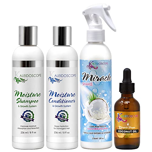 Kaleidoscope Moisture Silk Shampoo & Conditioner Set (8oz) with Coconut Oil (2oz) and Leave-In Detangler Spray (8oz) - Hydrating Hair Care for Dry, Damaged Hair - Perfect for Daily Use, Salon-Quality Results at Home