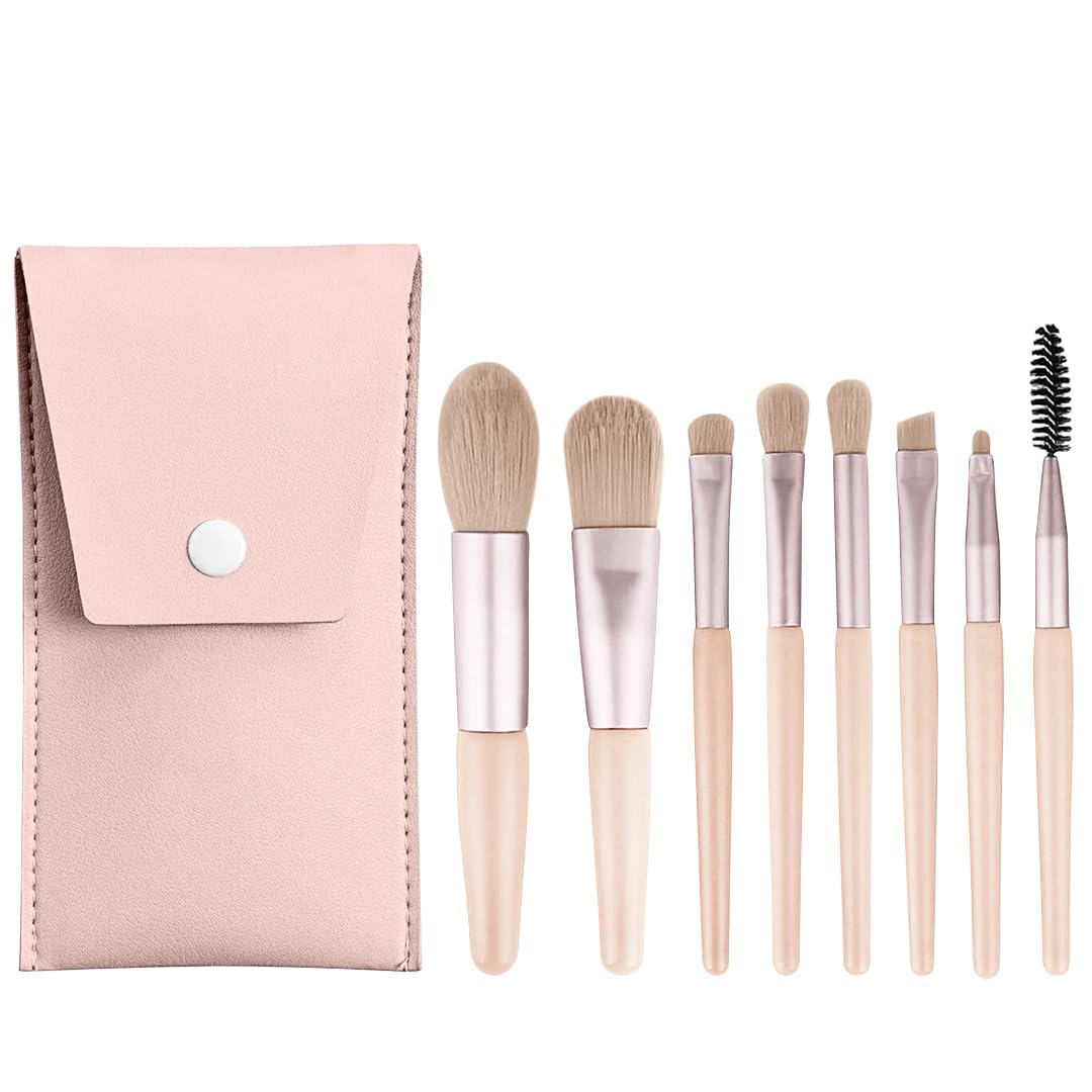Premium 8-Piece Makeup Brush Set with Pouch - Synthetic Kabuki Foundation, Concealer, Eyeshadow, Blush, Powder, Highlighter & Contour Brushes for Professional Makeup Application - Perfect for Everyday Use, Travel & Makeup Artists (Orange Peach)