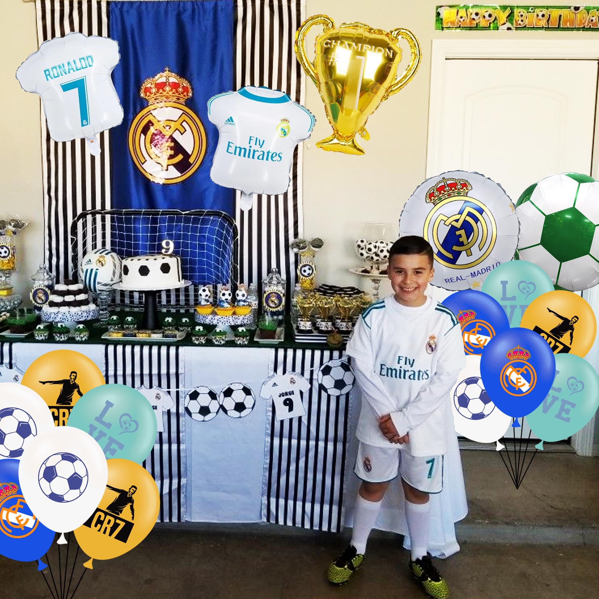 Real Madrid CF Soccer Theme Birthday Party Supplies - 12pcs Latex Balloons & 5pcs Foil Balloons for Cristiano Ronaldo Themed Party Decorations | Perfect for Kids' Birthday Parties, Soccer Team Celebrations & Sports Fan Events