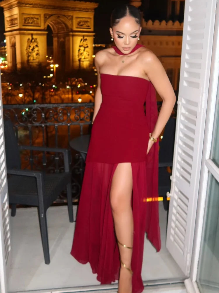 Elegant Off Shoulder Irregular Hem Dress with Scarf - Women's Sleeveless Backless Slim Fit Long Maxi Dress for Summer 2025 | Perfect for Beach Parties, Weddings, and Evening Events