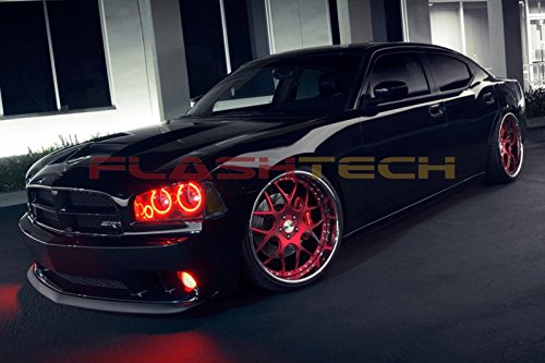 Flashtech Bright Red LED Halo Ring Headlight and Fog Light Kit for 2005-2010 Dodge Charger - High Visibility Daytime Running Lights & Night Driving Safety - Perfect for Car Enthusiasts and Custom Builds
