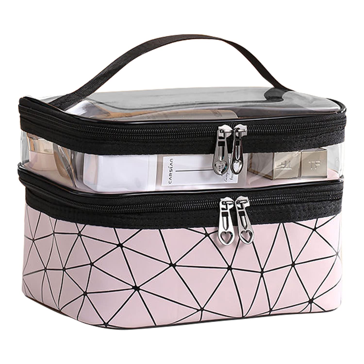 Acecharming Large Waterproof Double Layer Travel Cosmetic Bag - Pink Makeup Organizer with High Capacity for Toiletries | Perfect for Travel, Gym, and Daily Beauty Storage