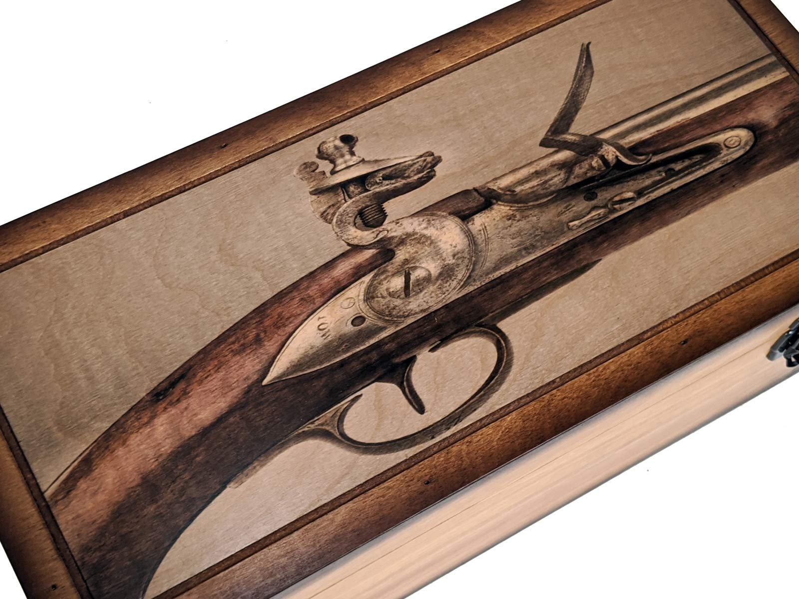 Antique Flintlock Pistol Display Case - Wooden Storage Box for Collectible Guns - Perfect for Home Decor, Man Cave, or Historical Reenactments