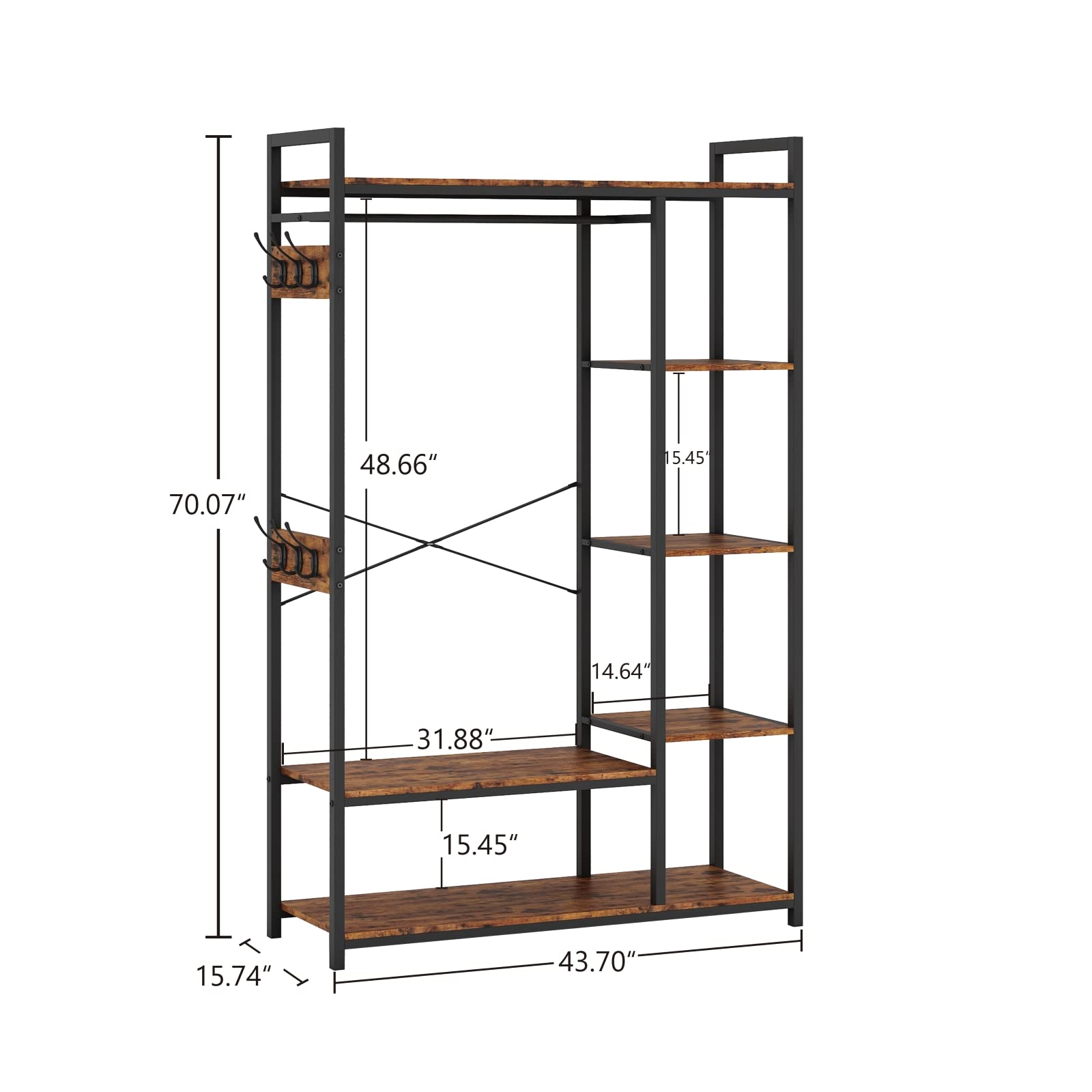 Free-Standing Closet Organizer with Storage Box & Side Hook - Portable Garment Rack with 6 Shelves & Hanging Rod - Black Metal Frame & Rustic Board Finish - Perfect for Bedroom, Closet, Dorm & Small Space Organization (Rustic Brown)
