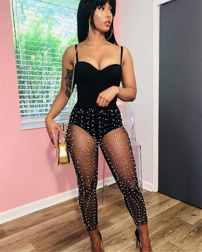 AIBEARTY Women's Sexy Sheer Mesh Pantyhose with Pearl Beads - Stretchy Skinny Leggings & Tights for Party, Date Night, and Fashion Outfits
