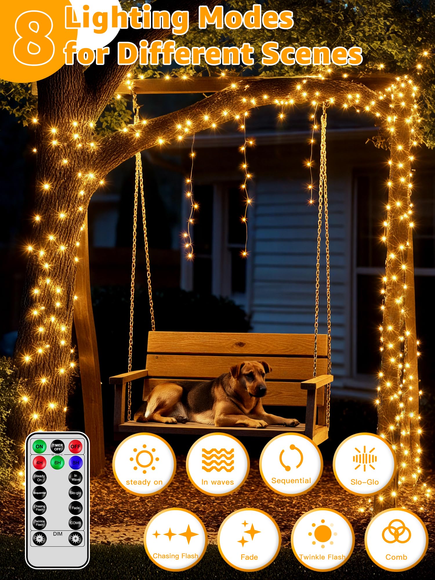 1200LED 196FT Outdoor String Lights with Remote & Timer - Waterproof Dimmable Fairy Lights in Warm White, 8 Lighting Modes for Wedding, Party, Garden, Patio, Backyard, Holiday & Christmas Decorations