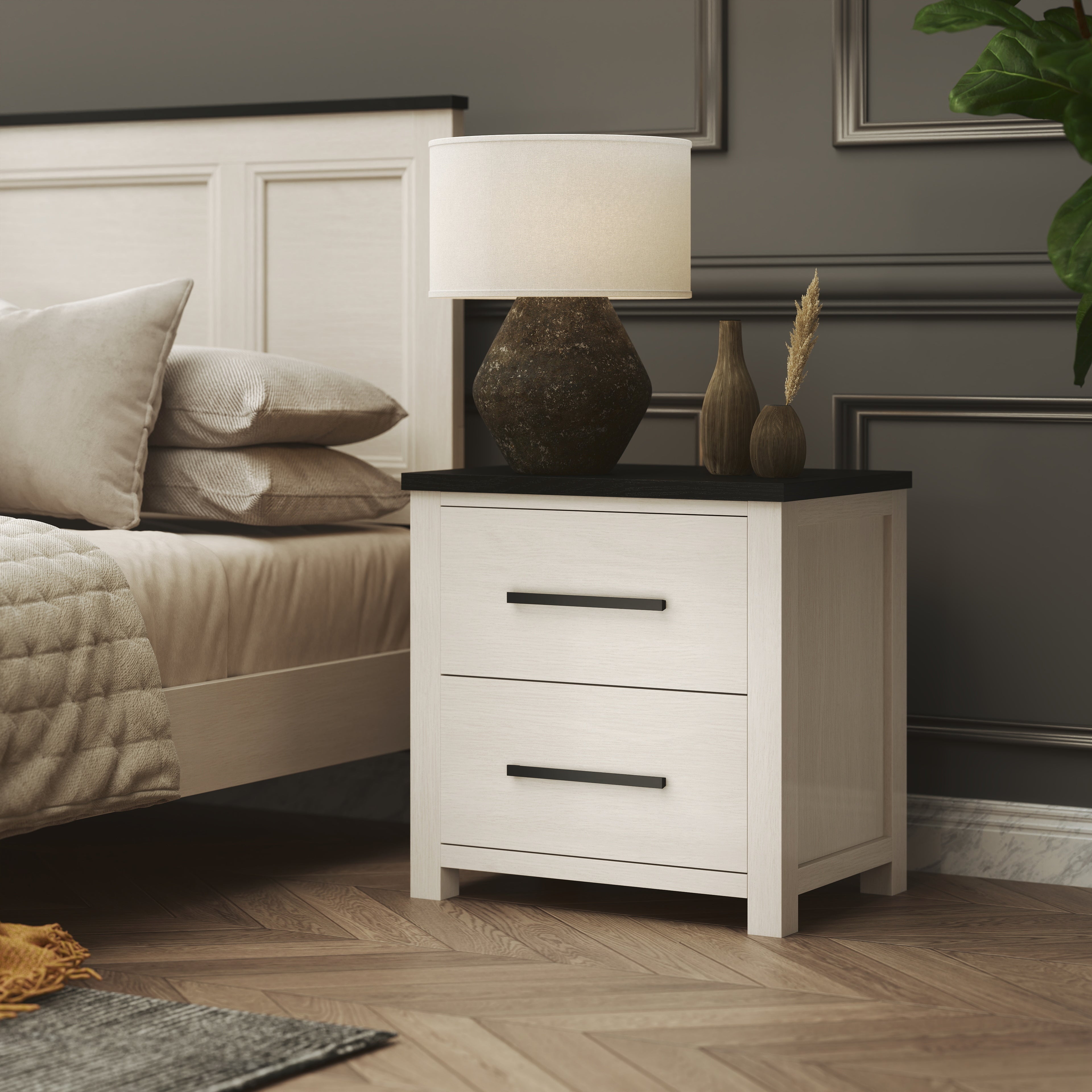 Roundhill Furniture Realynn 2-Drawer Nightstand for Bedroom - Off White Finish | Compact Storage Solution for Small Spaces, Bedside Table for Lamps & Essentials