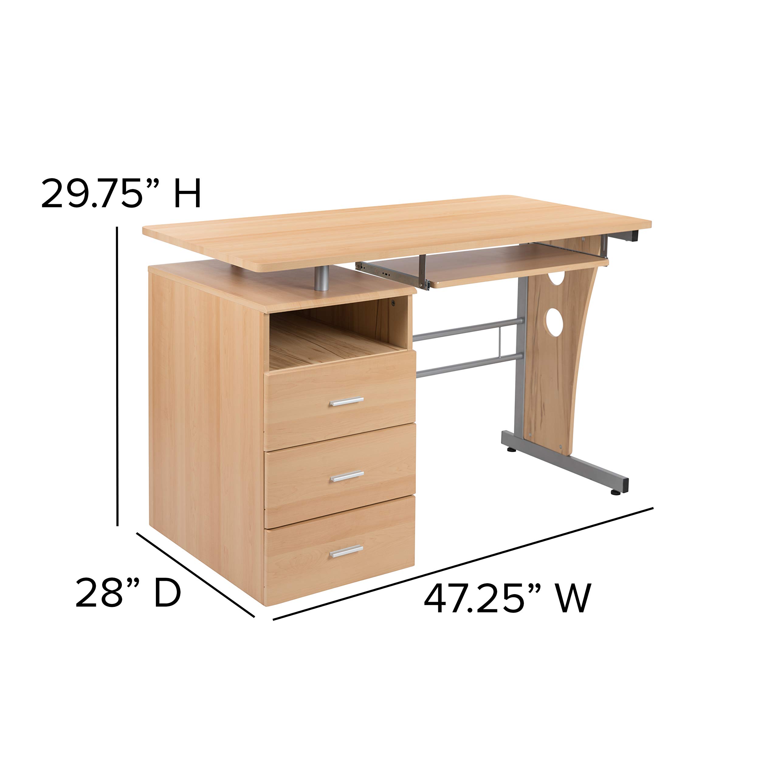 Solid Maple Wood Desk with 3 Drawers, Single Pedestal & Pull-Out Keyboard Tray - Perfect for Home Office, Study Room or Small Workspace