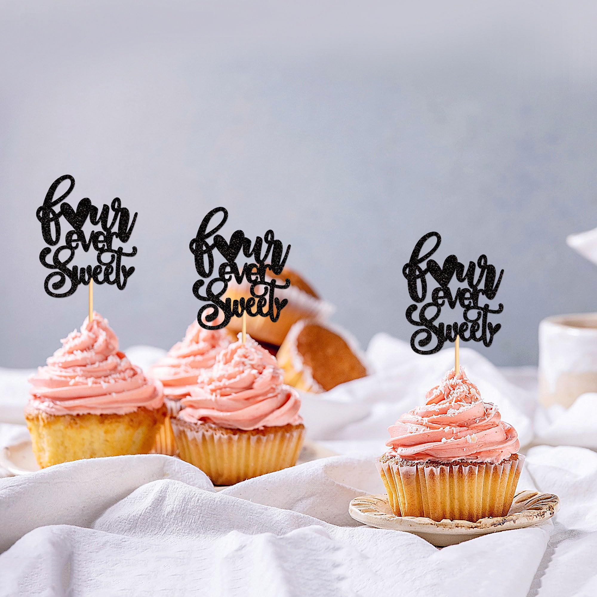 24 Pack Black Glitter Four Ever Sweet Cupcake Toppers - Premium Cake Decorations for Baby Showers, Kids 4th Birthday Parties & Themed Celebrations - Perfect for Dessert Tables, Wedding Cakes & DIY Baking Projects