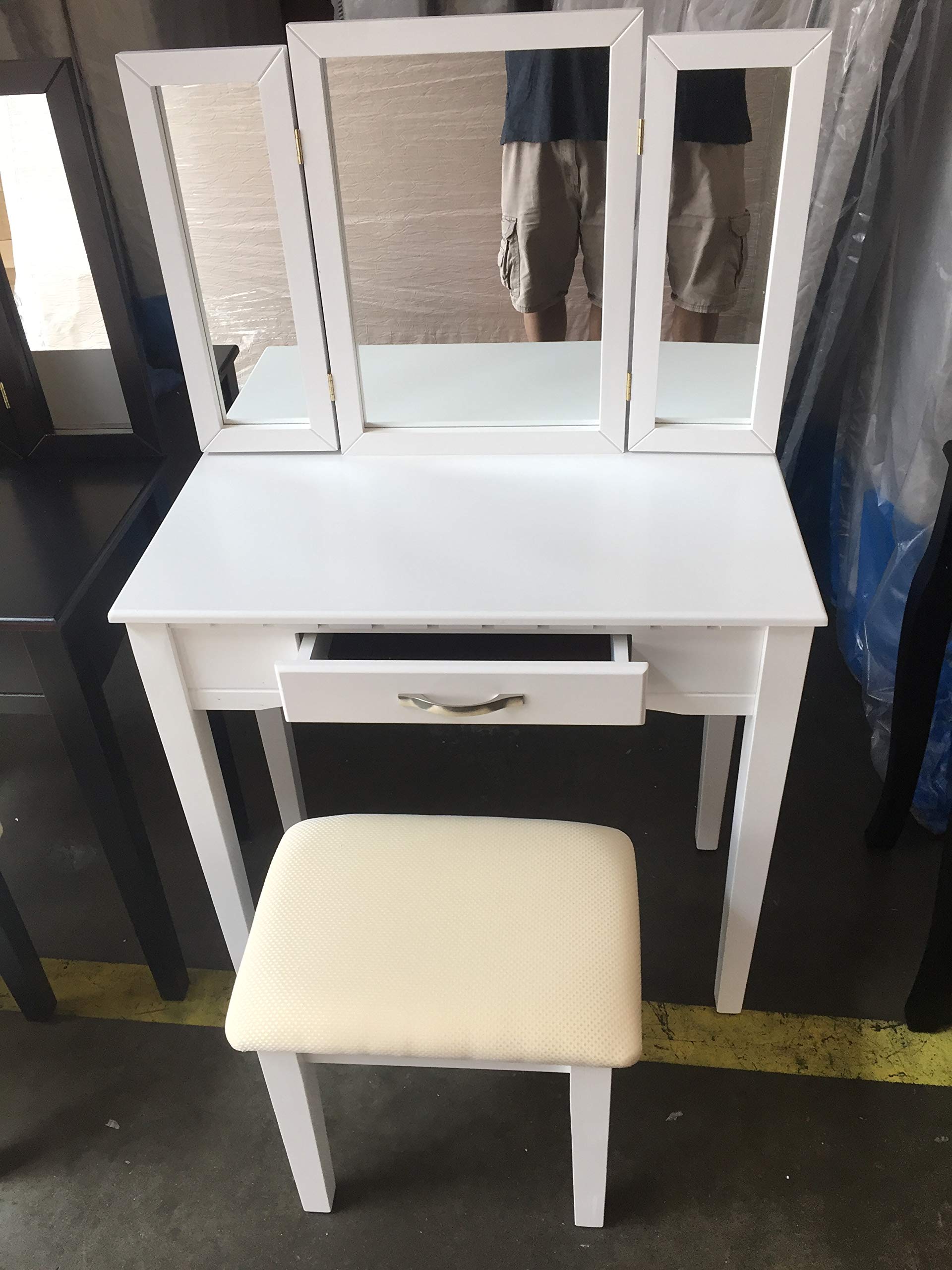 White Vanity Stool Set with 3-Panel Mirror - Perfect for Bedroom, Bathroom & Dressing Room Makeup Vanity Stations