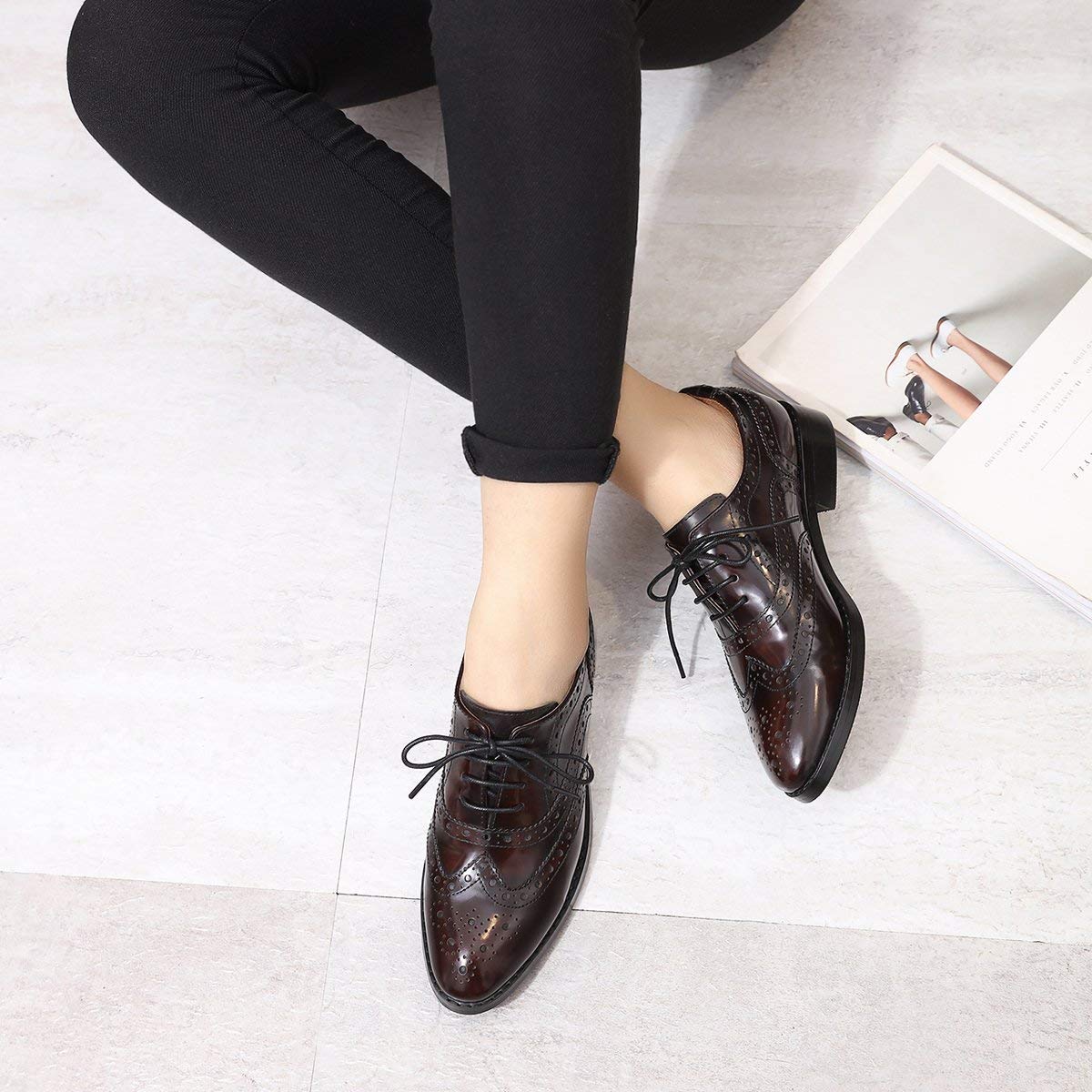 Stylish Women's Leather Wingtip Oxford Shoes - Perforated Brogue Lace-Up Design for Ladies | Perfect for Office, Casual Wear & Special Occasions