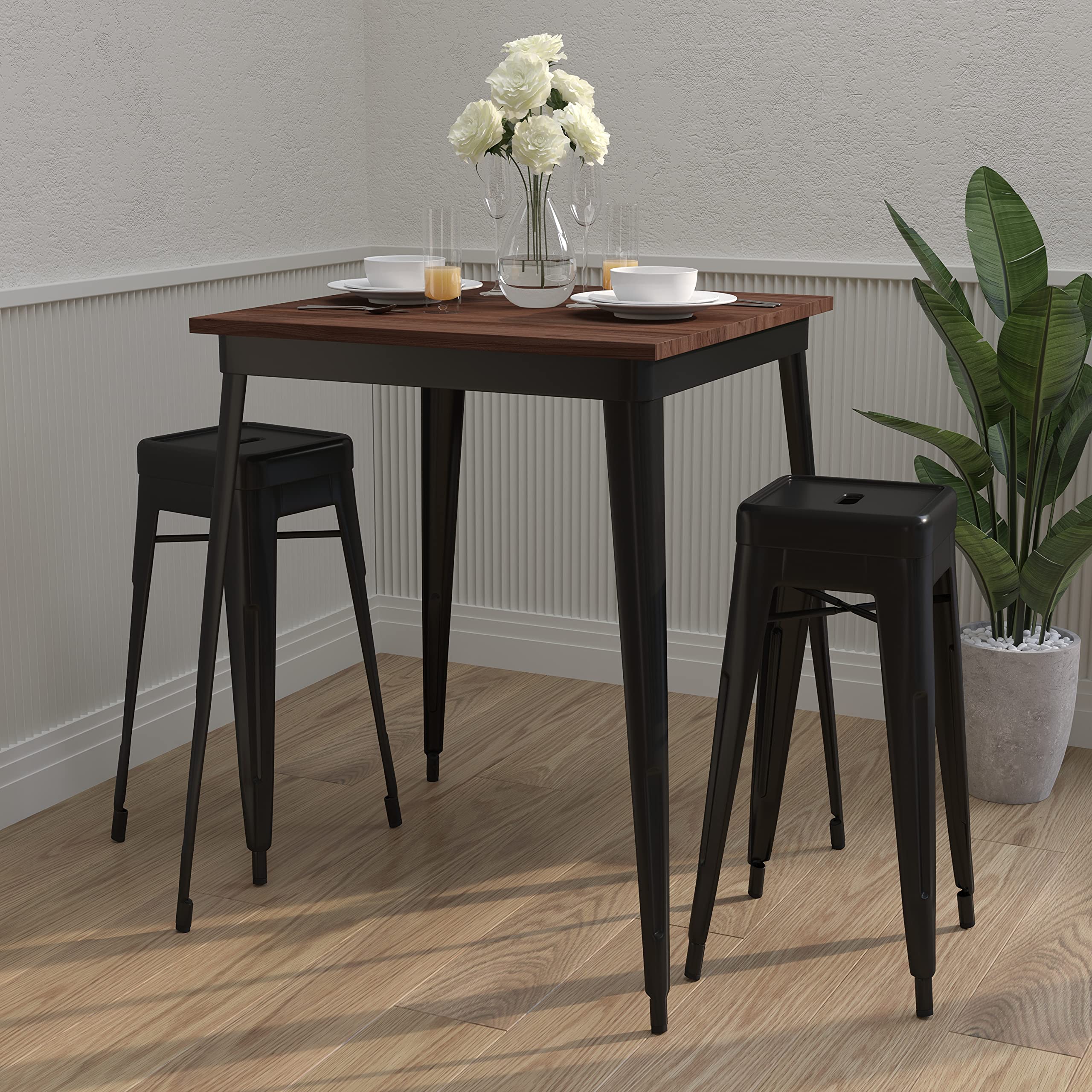 Merrick Lane Ardennes Dining Table - 31.5 Inch Square Black Steel Frame with Walnut Wood Top - Modern Kitchen & Dining Room Furniture for Small Spaces