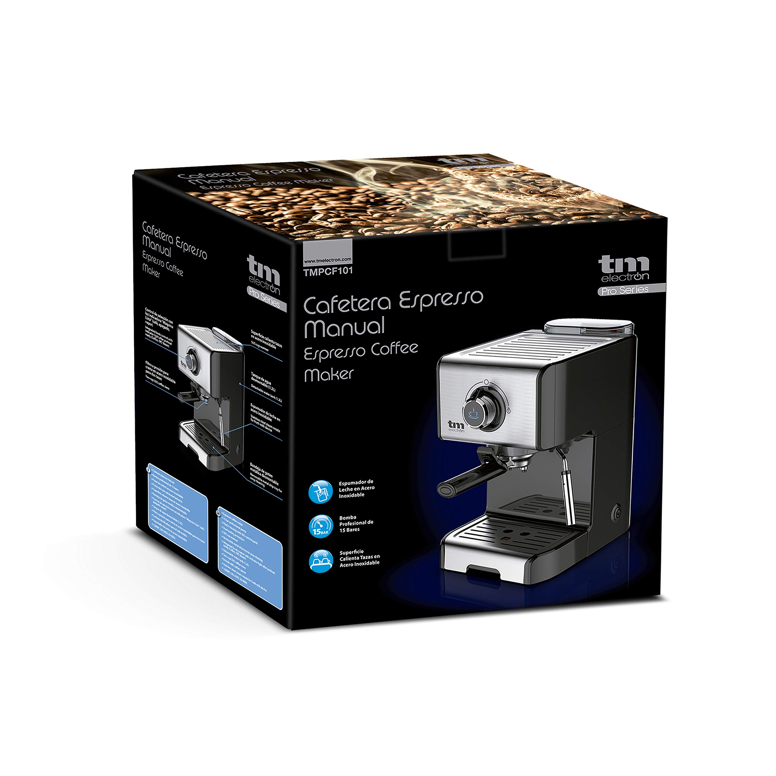 TM Electron TMPCF101 Manual Espresso Coffee Maker with 15 Bar Pressure, 1200W, 1.2L Water Tank, Milk Frother, 3 Functions, Stainless Steel - Perfect for Home, Office & Cafe Use