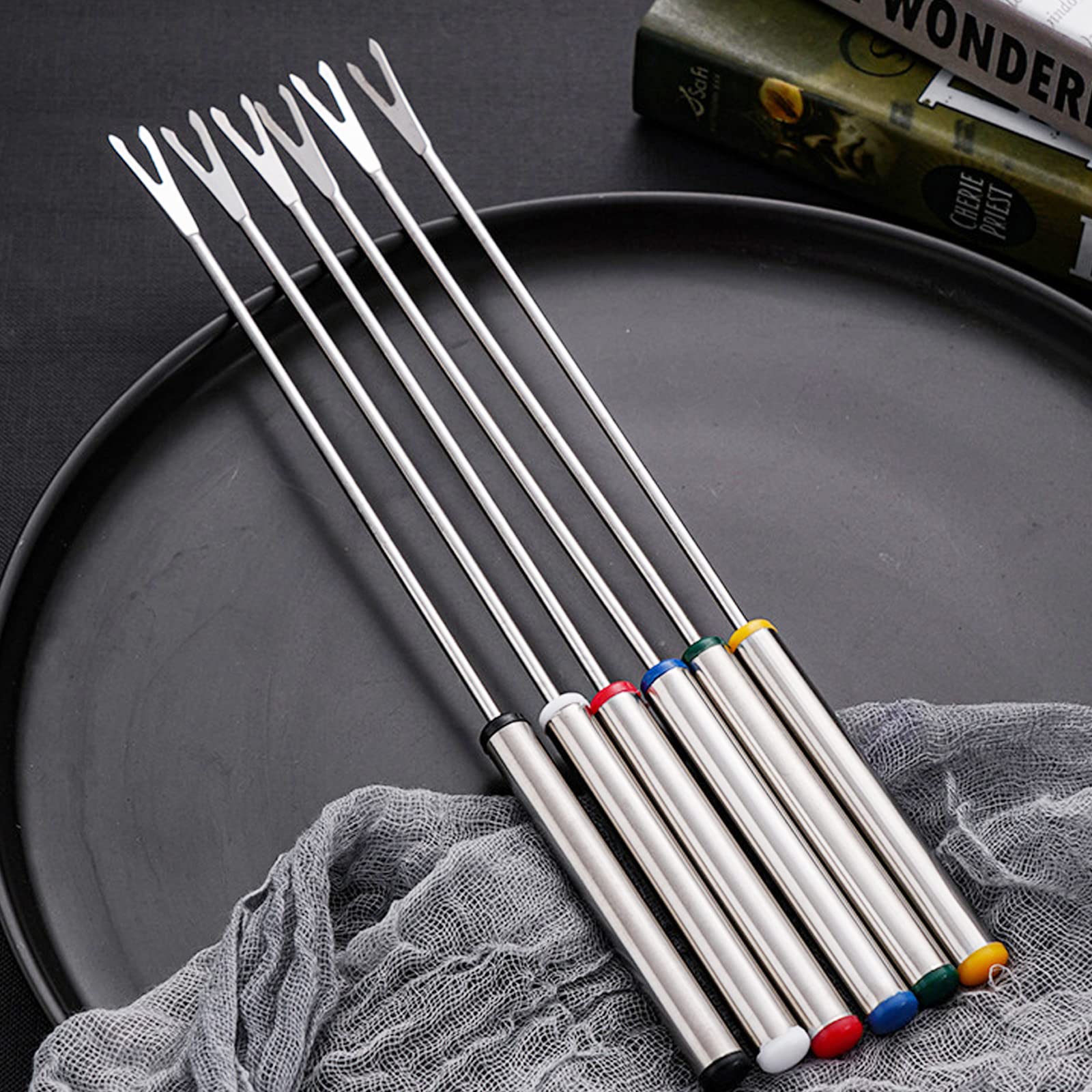 12-Piece Color-Coded Stainless Steel Fondue Forks Set with Heat-Resistant Handles - Perfect for Chocolate Fountains, Cheese Fondue, and Party Appetizers (9.7 Inches)