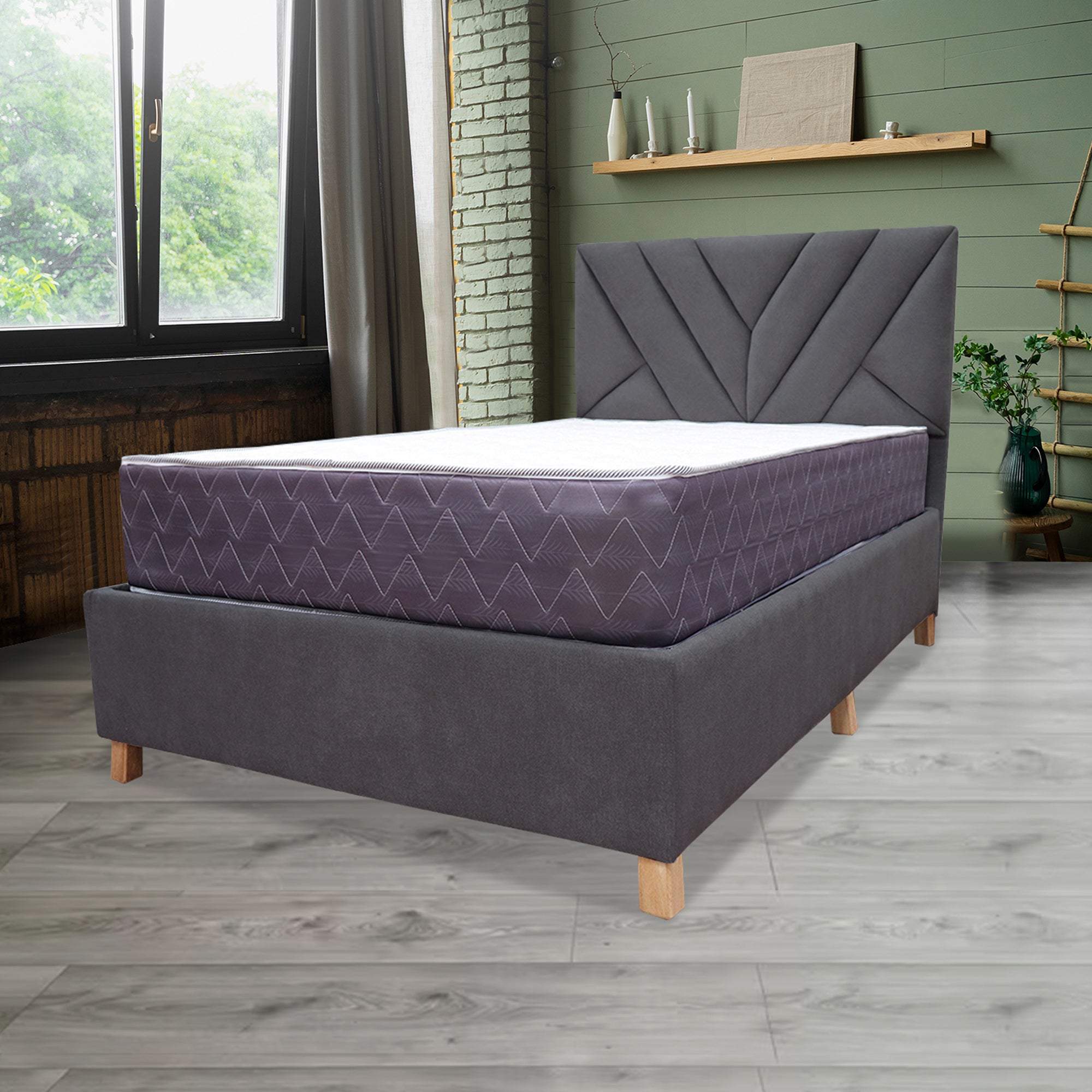 Combo Base Bed and Mattress Collection 1 Dark Gray and Ash White Semi-Double 120 X 190 cm with Headboard - Perfect for Guest Rooms, Small Apartments, and Modern Bedroom Decor