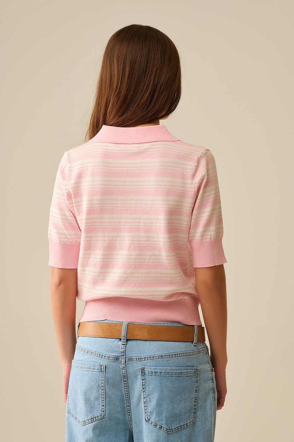 Rose and White Striped Polo Collar Pullover - Stylish and Comfortable for Casual Outings, Work, and Everyday Wear