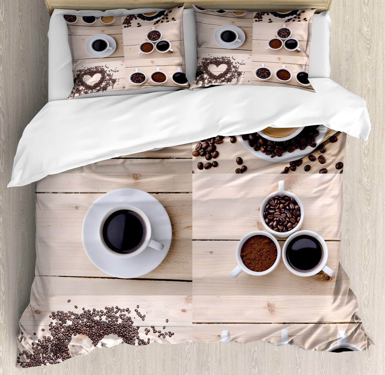 Ambesonne Coffee Lover Duvet Cover Set - 2 Pack California King Size, Brown & Tan Coffee Mug & Beans Design on Wooden Table - Includes 2 Duvets & 2 Pillowcases | Perfect for Coffee Enthusiasts' Bedrooms & Gift Ideas