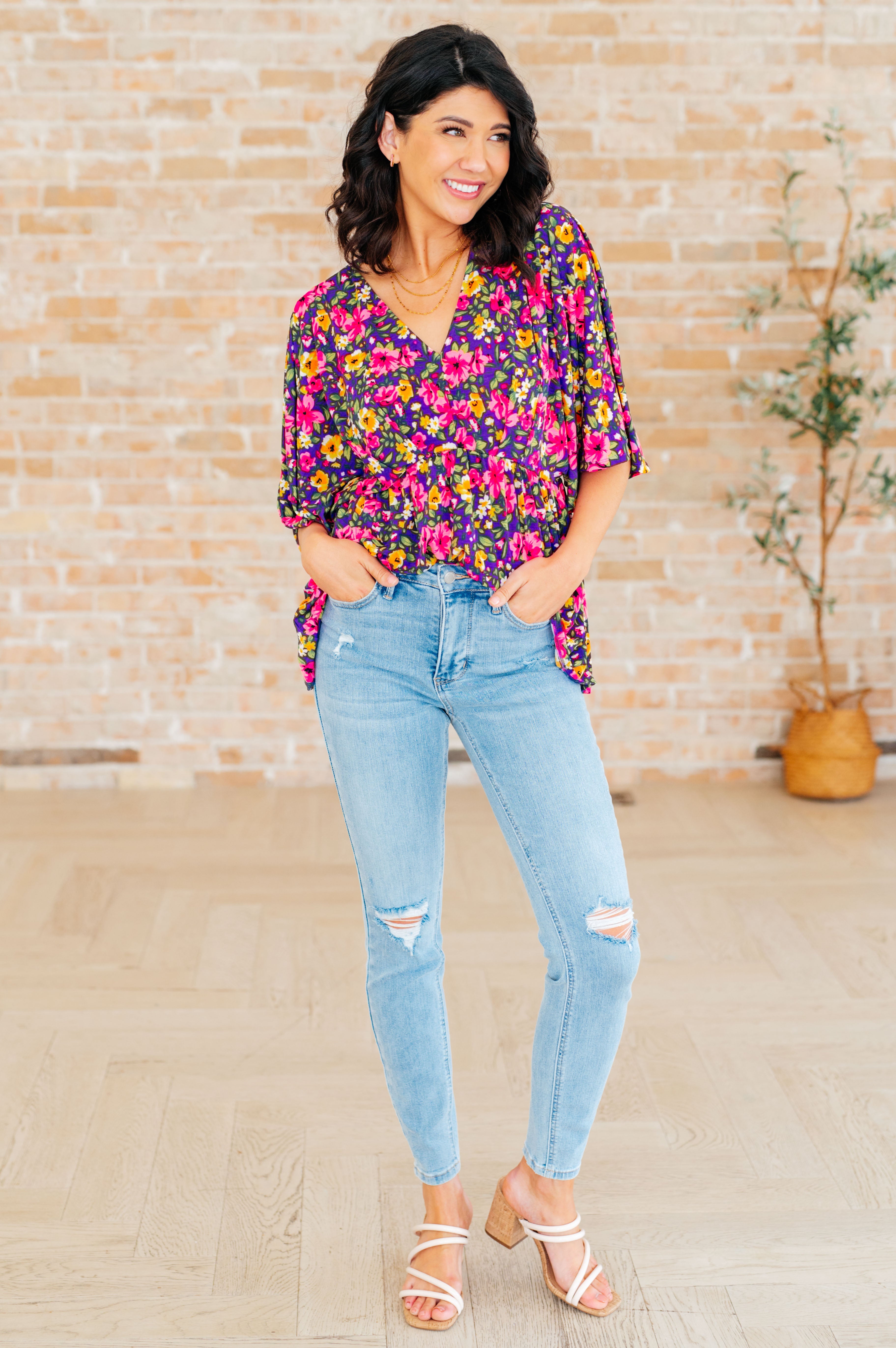 Dreamer Peplum Top - Floral Print Women's Blouse in Purple & Pink | Casual Wear, Office Outfit, Party Dress