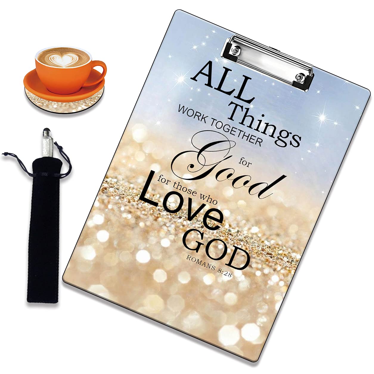 A4 Plastic Clipboard with Metal Clip, Cute Coaster & Pen Bag - Retractable Hanging Hole, Rainbow Glitter Design with Bible Verse (Psalm 8:28) - Perfect for School, Office, Home & Bible Study Organization