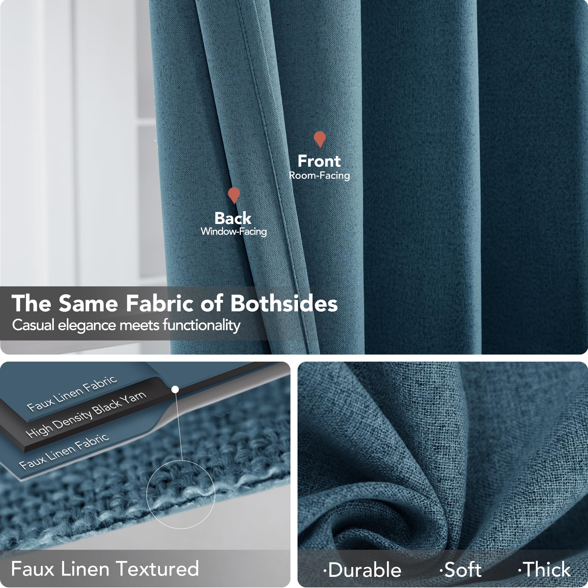 Deconovo Blackout Curtains - 100% Room Darkening Linen Drapes with Grommets for Bedroom, Living Room & Nursery (Aegean Blue, 52x108 Inches, 2 Panels) - Perfect for Light Sleepers, Home Theater & Shift Workers