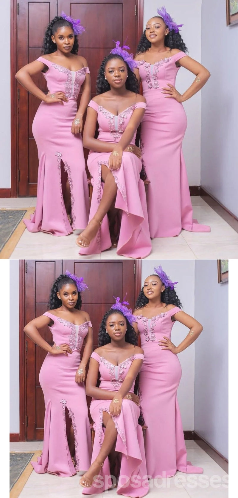 Floral Mermaid Pink Off-Shoulder Long Bridesmaid Dresses for Weddings - Elegant Beach Party & Formal Evening Gowns - WG1669