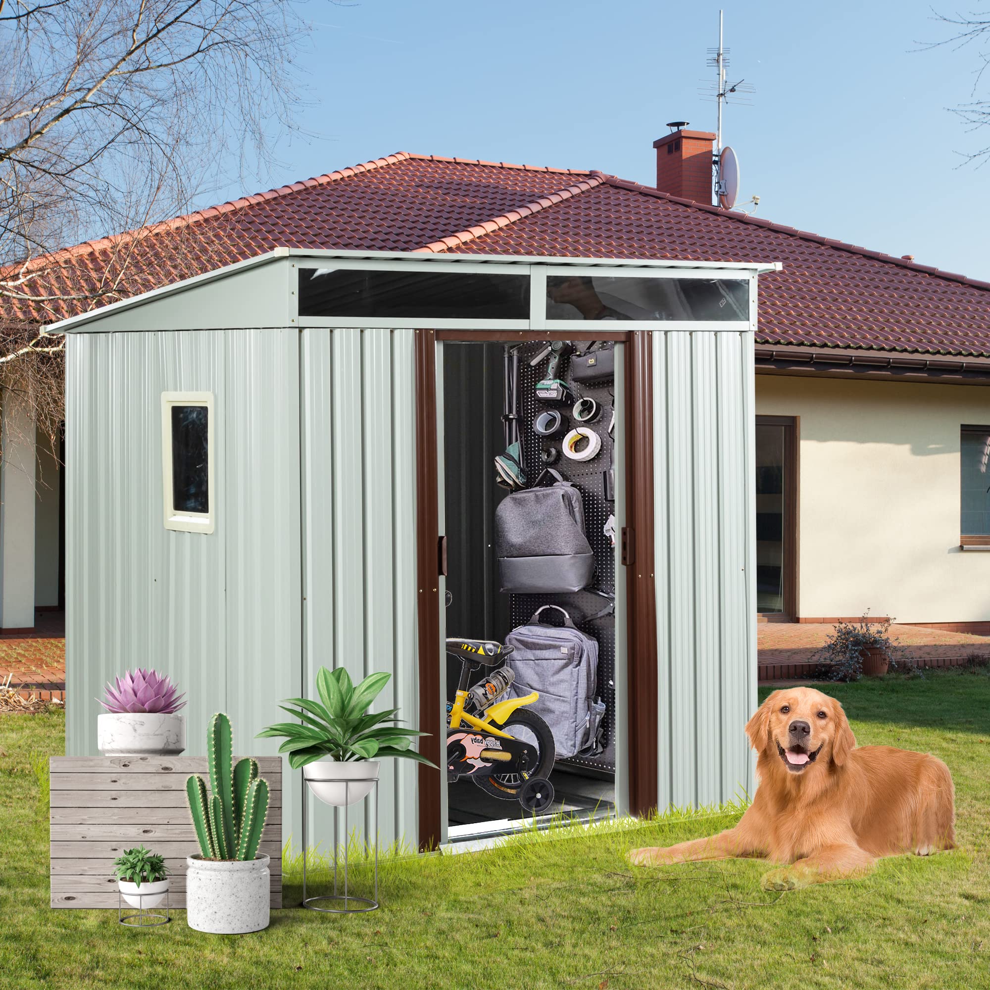 6.4 x 5ft White Steel Outdoor Storage Shed with Floor Frame & Double Lockable Doors - Durable Metal Garden Tool Shed for Backyard, Patio, Lawn Organization (Includes Side Window) | Perfect for Storing Lawn Mowers, Gardening Tools & Outdoor Equipment