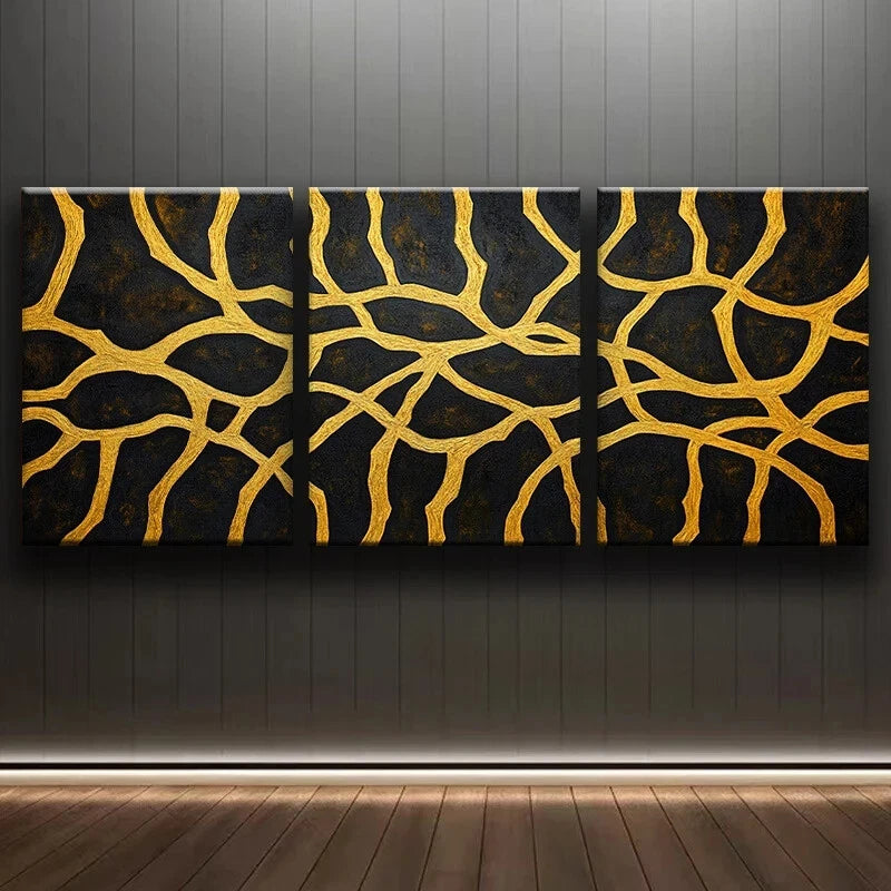 3-Piece Abstract Black & Gold Line Metal Wall Art - Ready to Hang Modern Home Decor for Living Room, Bedroom & Office