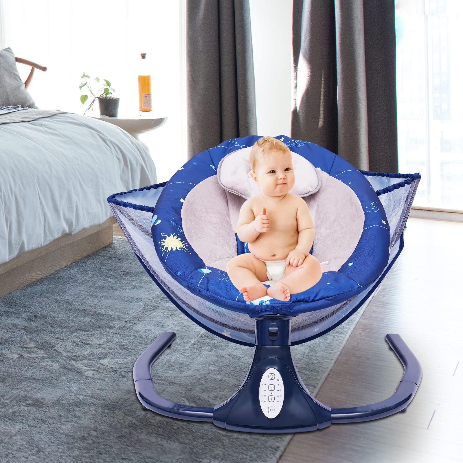 Electric Baby Swing for Infants & Newborns - Remote Control, 4 Speed Settings, Soothing Music & Speaker - Blue Starry Style Baby Rocker & Bouncer - Perfect for Nursery, Bedroom & Travel