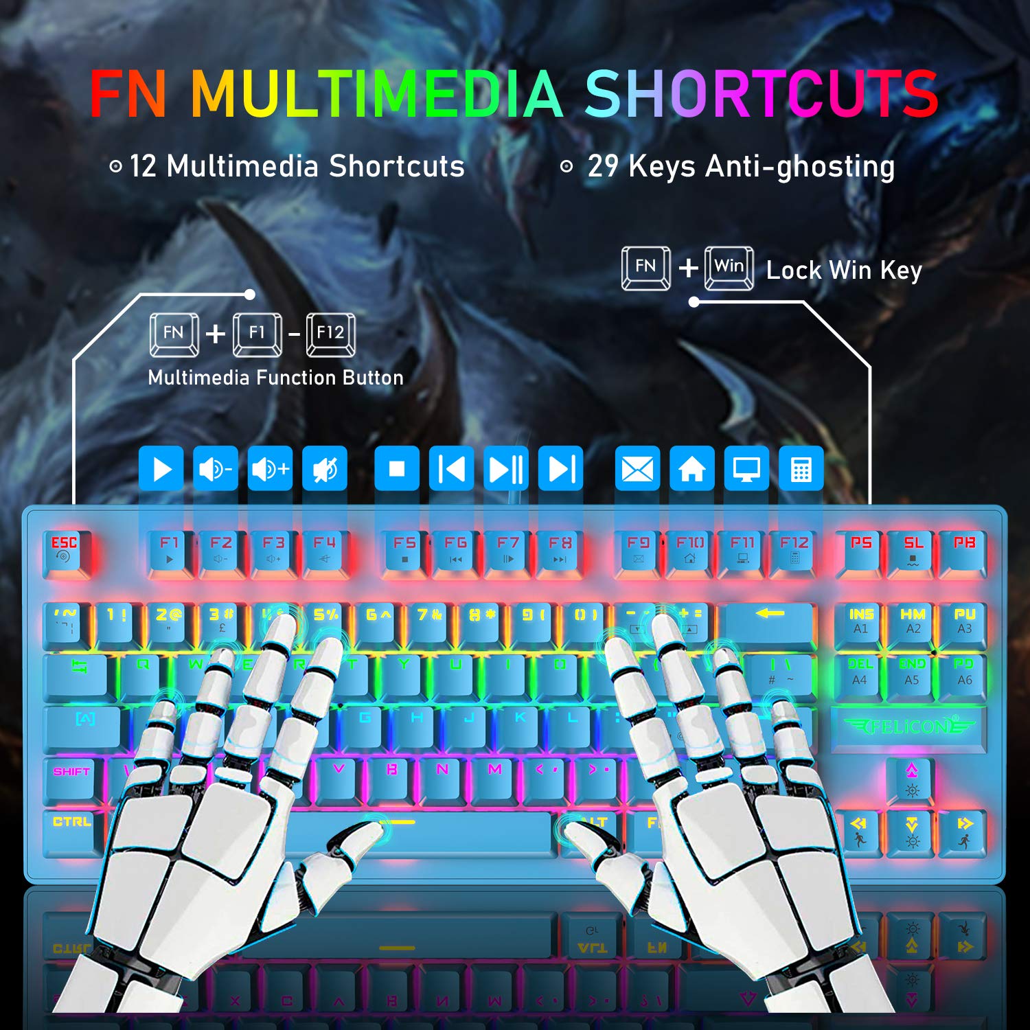 K2 UK Layout Gaming Keyboard and Mouse Set - 80% TKL Wired Mechanical Keyboard with 88 Keys, Clicky Optical Blue Switches, Rainbow Backlit, Lightweight PS4 Gaming Mouse & Mouse Pad for PC/MAC (Blue) - Perfect for Esports, Streaming & Office Work