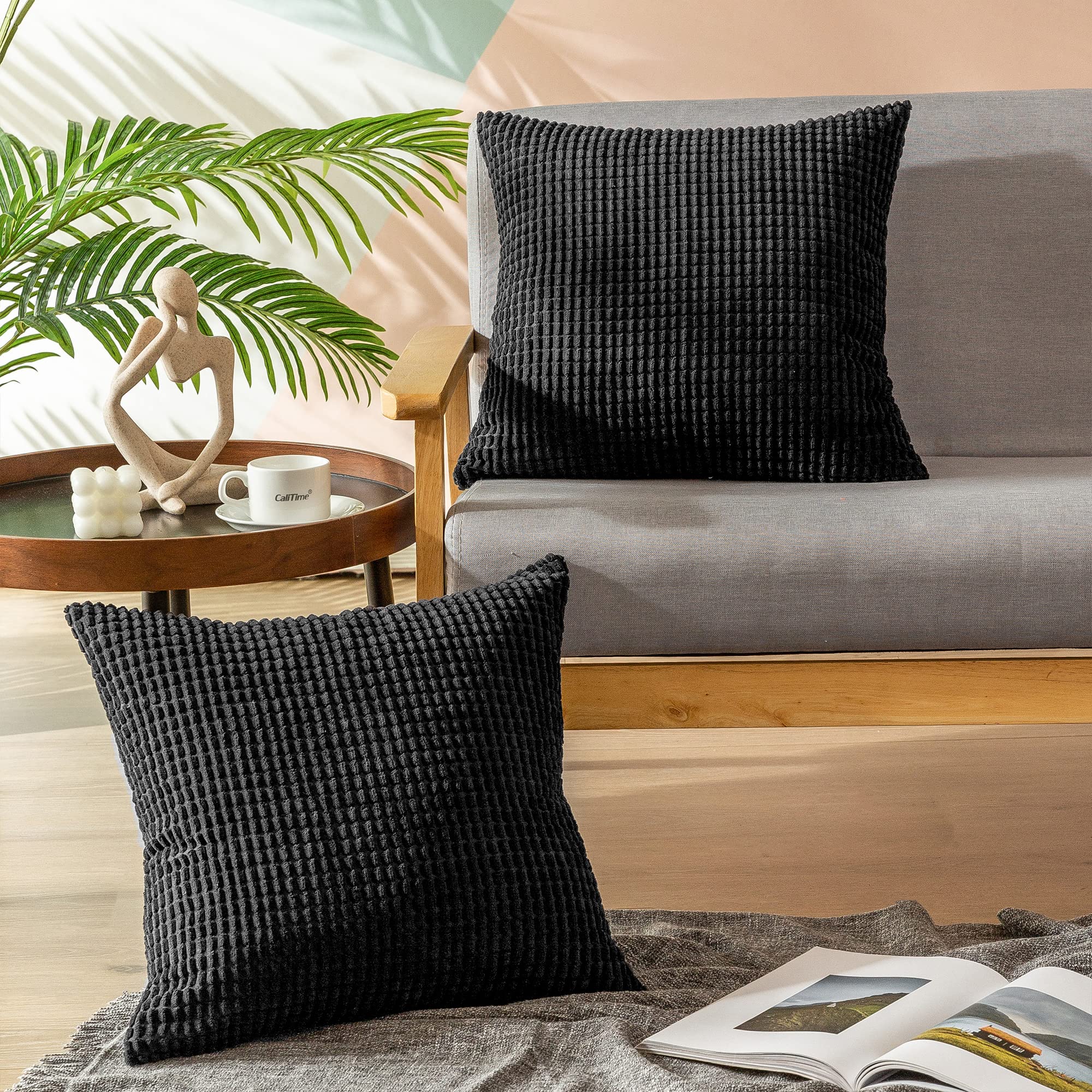 Premium Corduroy Throw Pillow Covers Set of 2 - 22x22 Inch Decorative Cushion Cases for Sofa, Couch & Bed - Soft Corn Striped Waffle Texture - Farmhouse & Modern Home Decor - Black (Perfect for Living Room, Bedroom & Cozy Reading Nook)