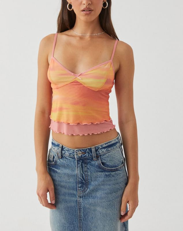 Argeousgor Women's Y2K Fashion Mesh Tank Top - Spaghetti Strap Sleeveless Square Neck Cami Top | Sexy Crop Top for Clubbing, Beach & Summer Outfits