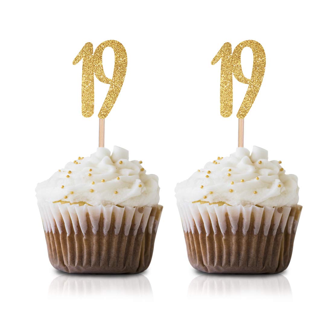 24-Pack Gold Happy 19th Birthday Cupcake Toppers - Glitter Number 19 Party Decorations for Teen Birthday Cakes & Cupcakes