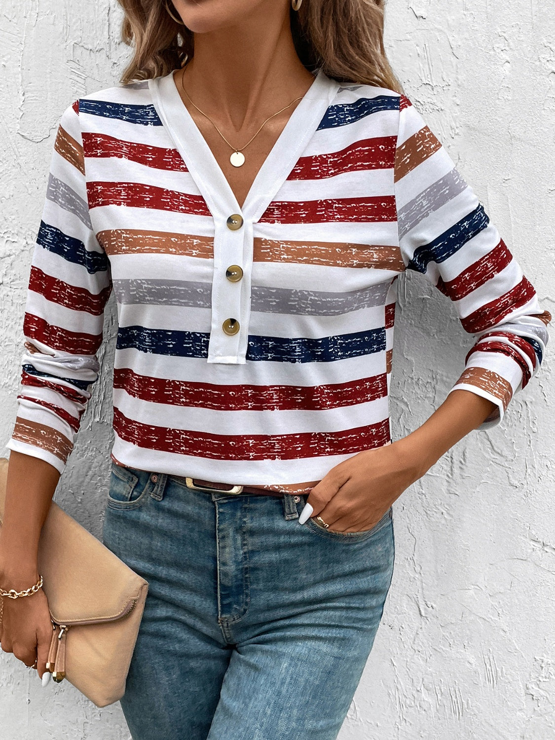 Stylish Contrast Striped V-Neck Long Sleeve T-Shirt for Men & Women | Casual & Layering Essential | Perfect for Office, Date Night & Weekend Outfits