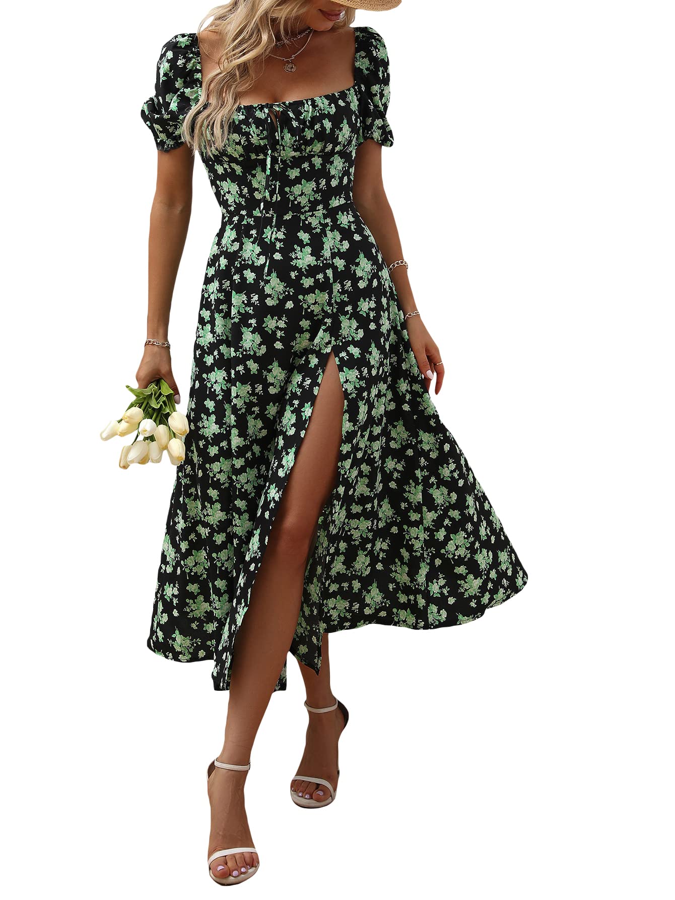 SheIn Women's Square Neck Floral Print A-Line Dress with Thigh Split - Elegant Summer Casual & Party Wear for Beach, Wedding, and Date Nights