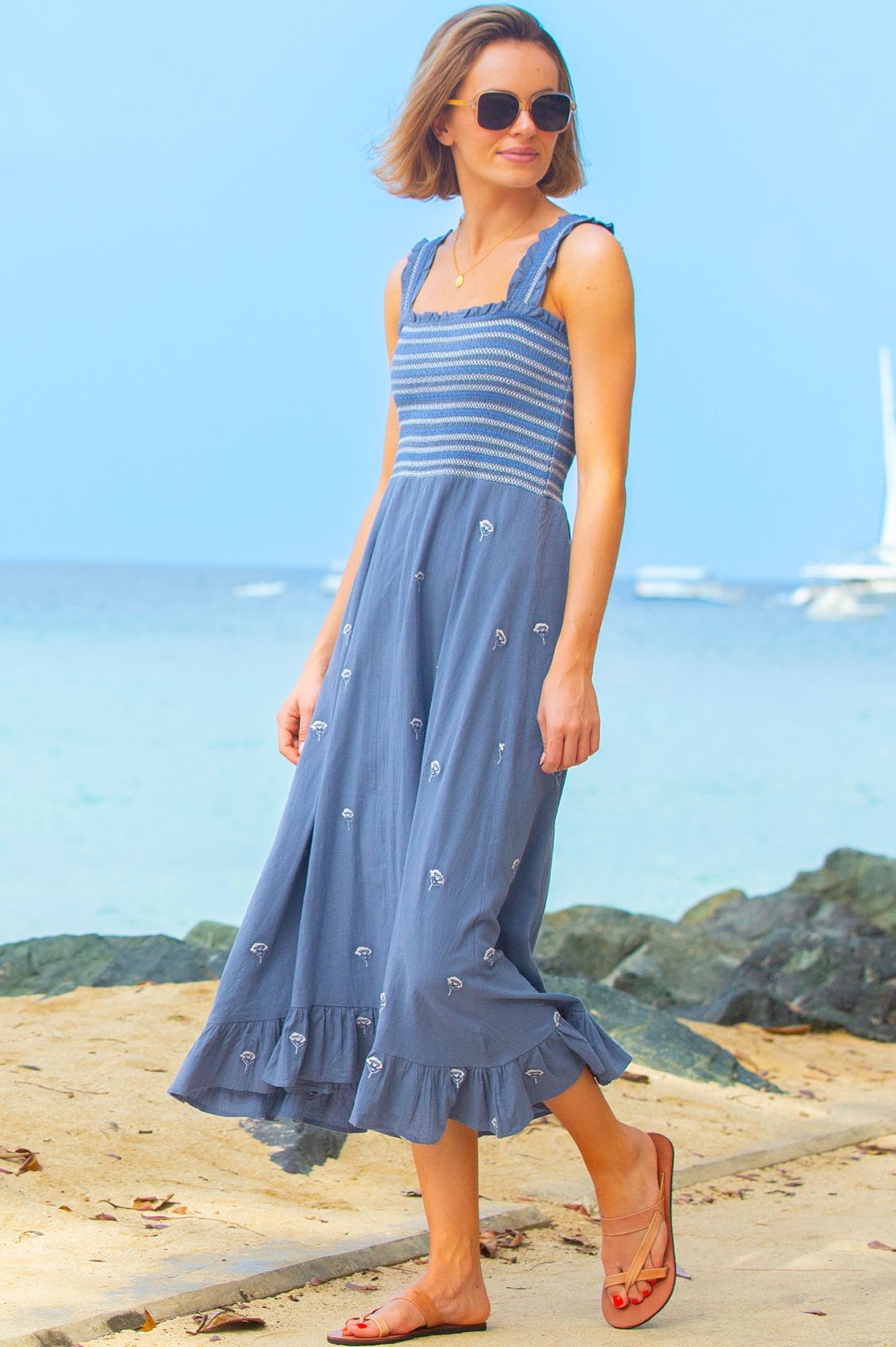 Rhianna Embroidered Floral Dress for Women - Blue, Grey & White Color Options | Perfect for Summer Parties, Weddings & Casual Outings