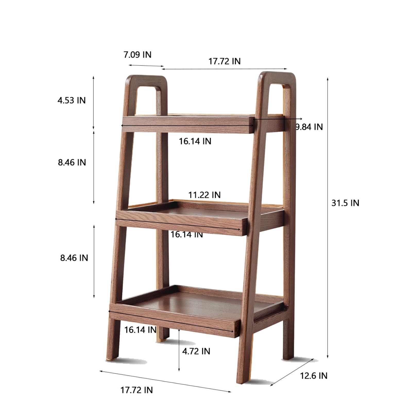 3-Tier Ladder Shelf - Solid Oak Wood Bookshelf with Storage | Compact Side Table for Living Room, Bedroom, Kitchen & Bathroom | Space-Saving Organizer for Books, Plants & Decor (Walnut Finish)