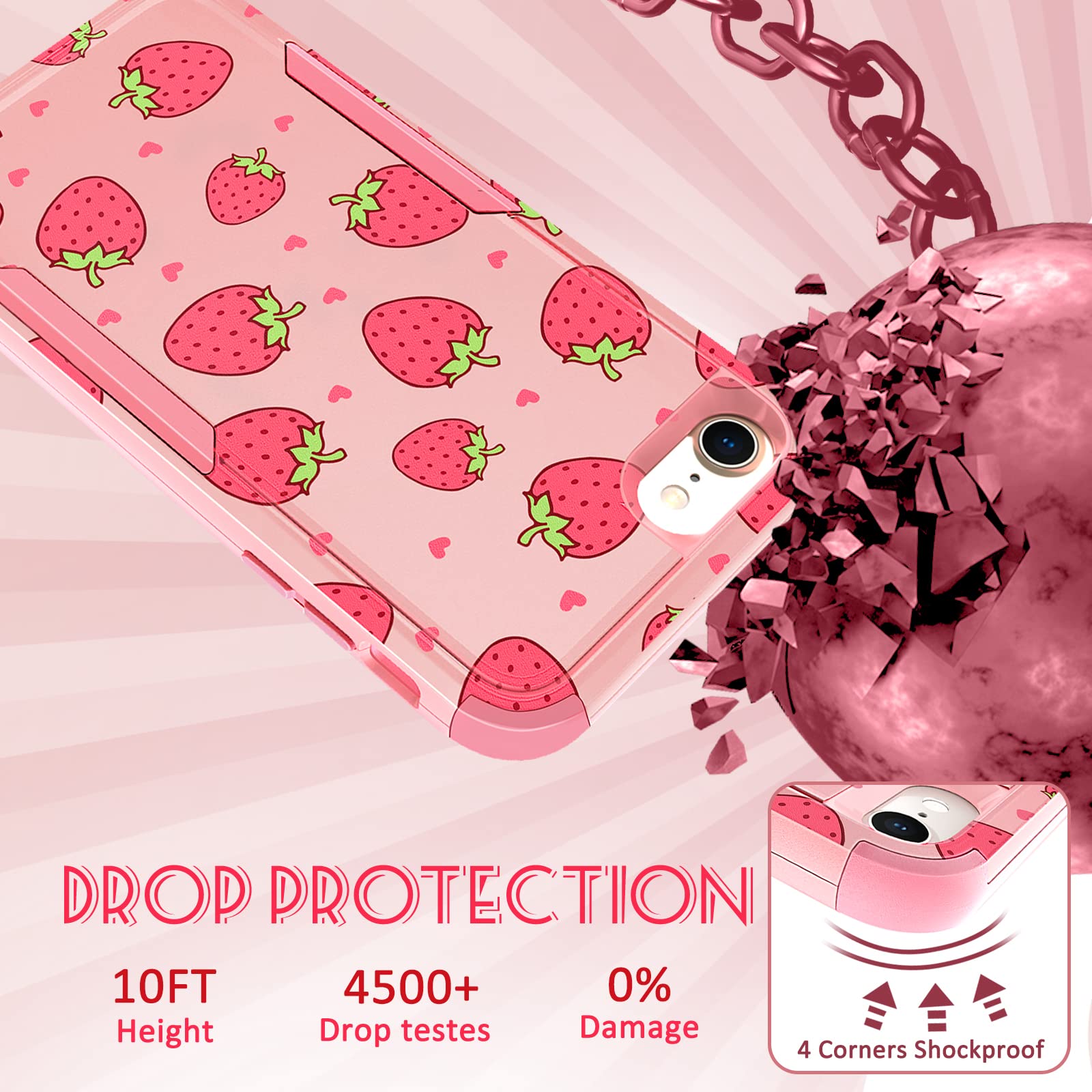 Premium Heavy Duty Protective Case for iPhone SE 2020/2022/3rd Gen & iPhone 8/7 - Cute Strawberry Design Hard Cover for Women, Men, Girls & Boys - Perfect for Daily Use, Travel & Outdoor Activities