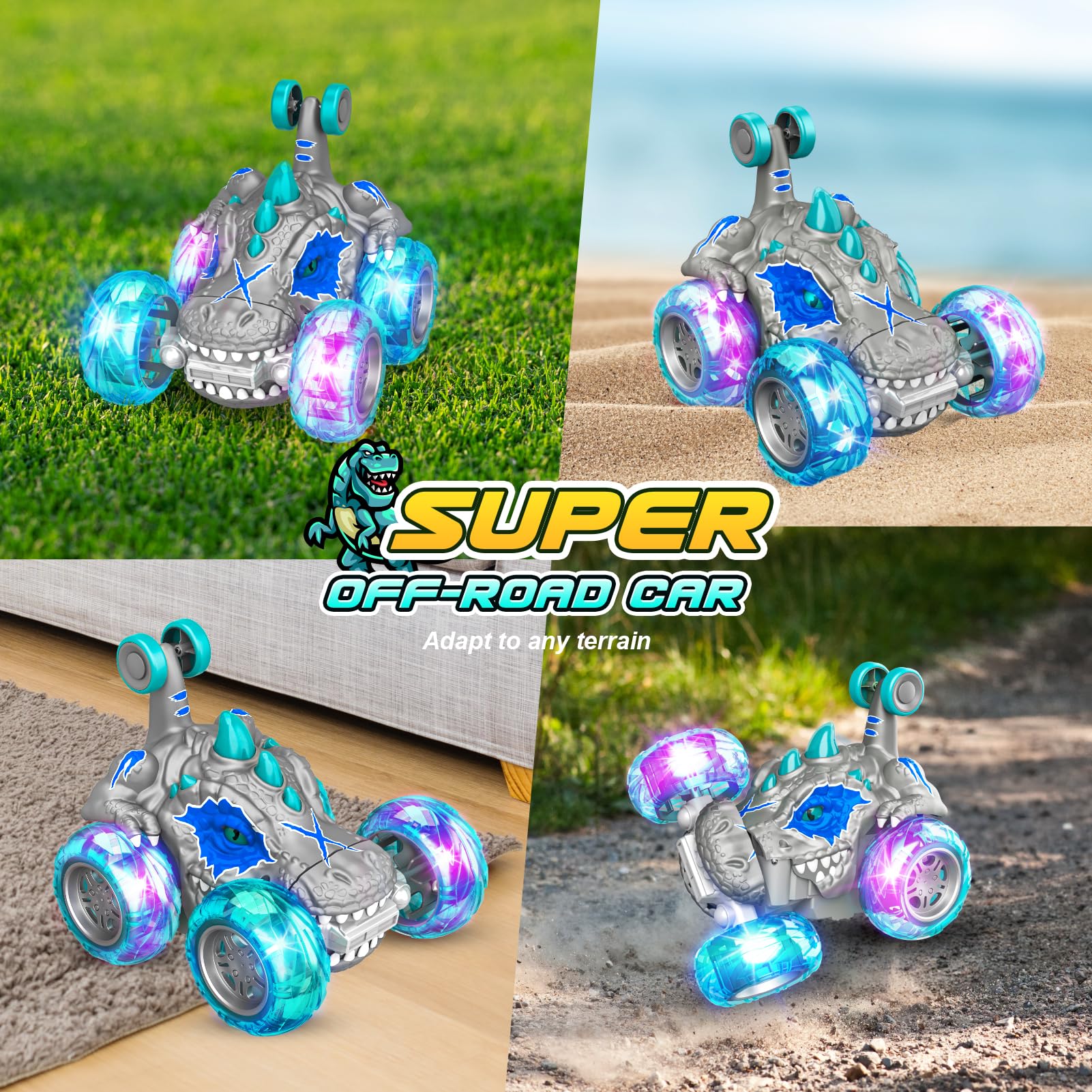 Remote Control Car for Kids Ages 3-10 - 2.4Ghz Fast Stunt RC Truck with 360° Rotation, Dinosaur Design & LED Wheel Lights | Best Outdoor Toy Gift for Boys Birthday, Christmas | Great for Backyard Play, Park Adventures & Indoor Racing Fun