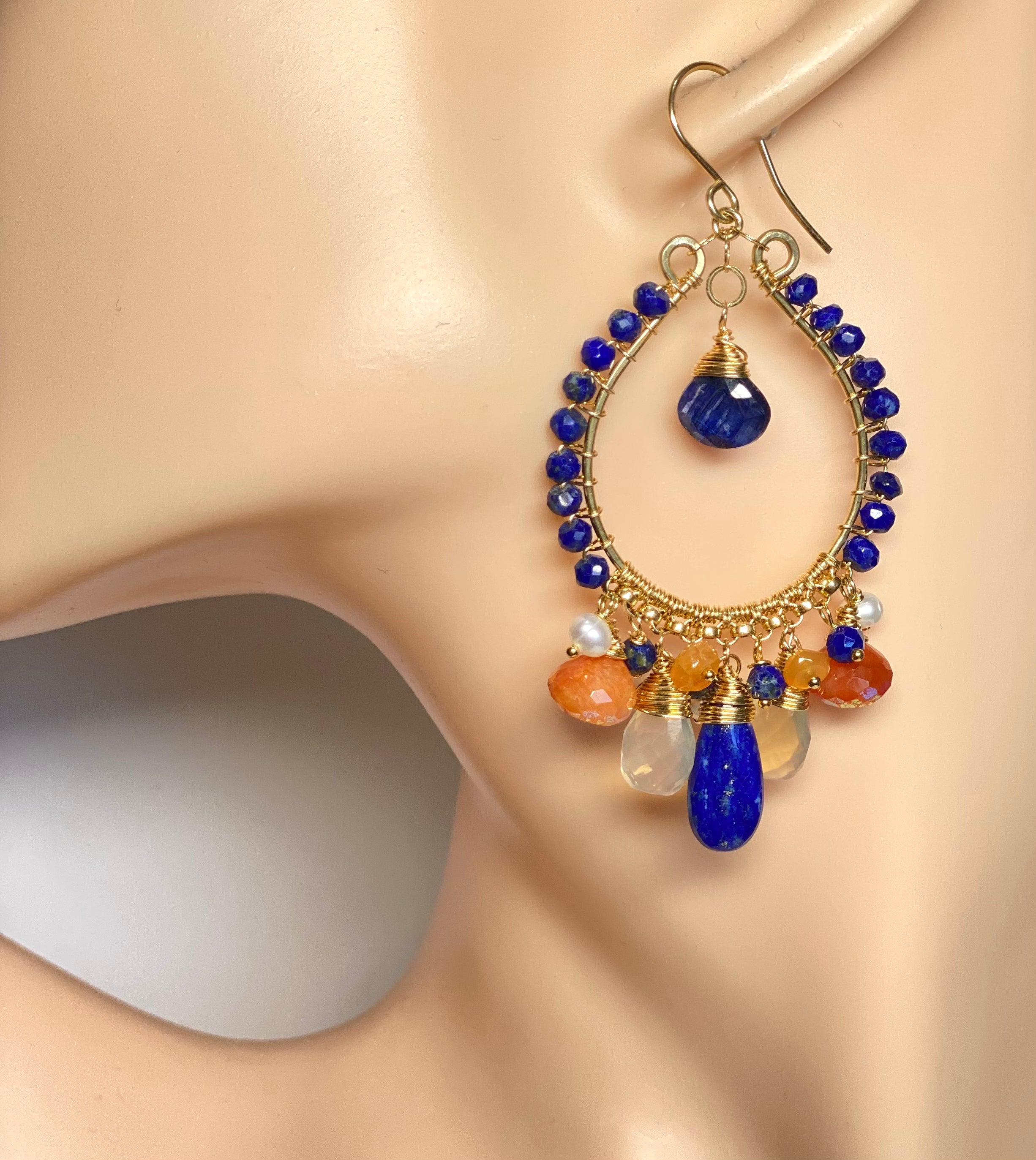 Blue Lapis Gold Fill Hoop Earrings with Mystic Carnelian & Fire Opal - Elegant Boho Jewelry for Women, Perfect for Parties, Weddings & Everyday Wear