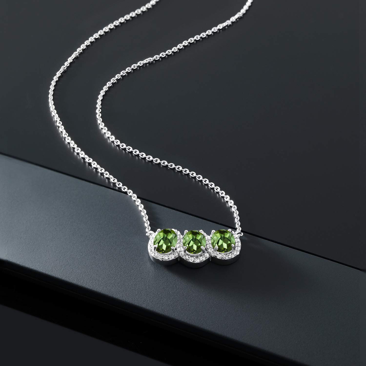 Gem Stone King 925 Sterling Silver Birthstone Necklace for Women | 3 Stone Oval Pendant (7x5mm) with 18