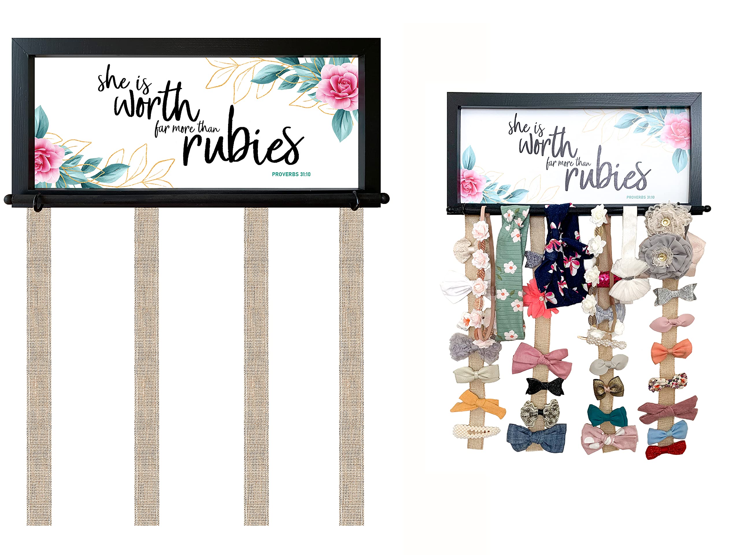 Wooden Hair Bow Holder for Girls - Organizer for Headbands & Hair Ties - Nursery Room Decor