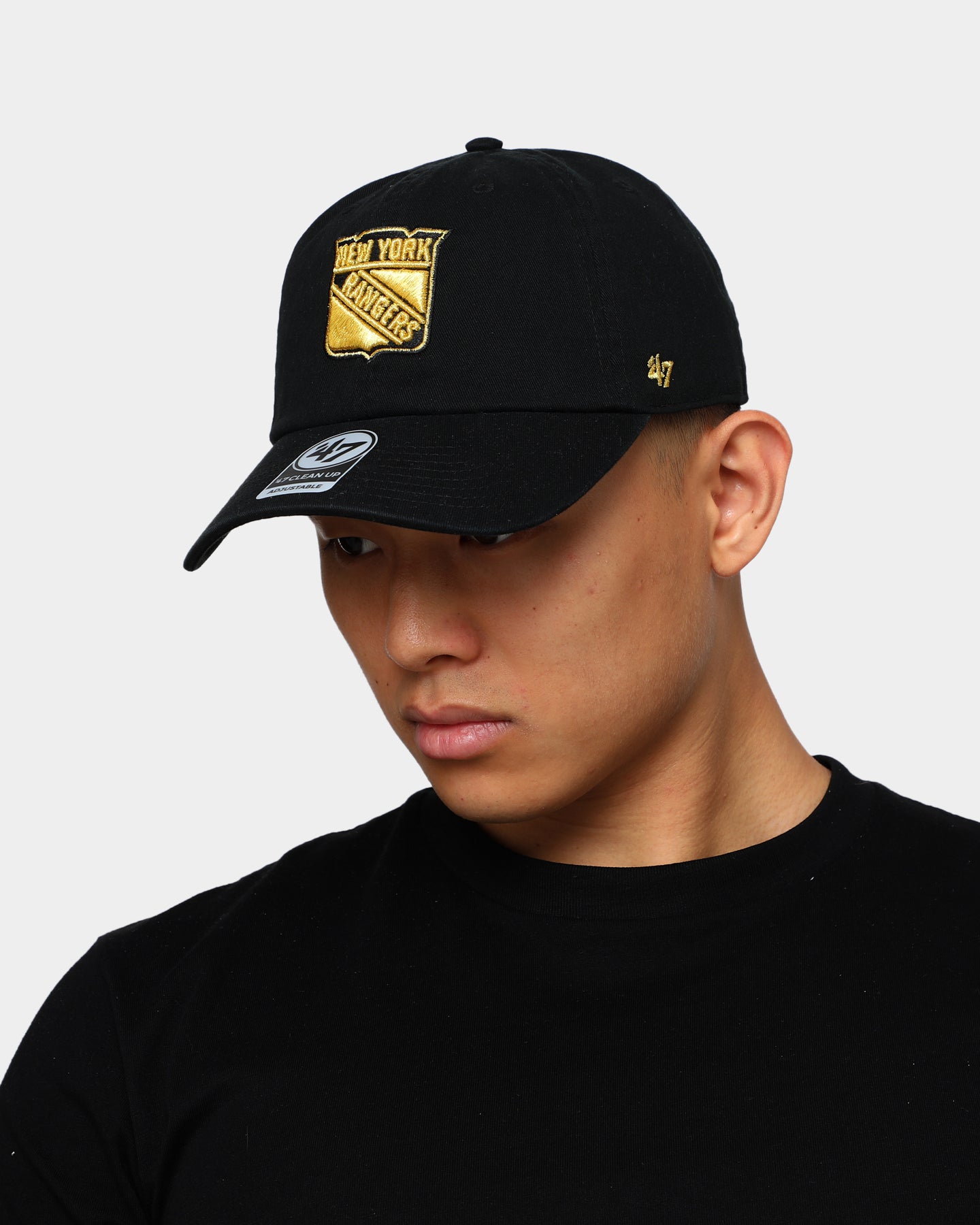 New York Rangers 47 Brand Clean Up Strapback Hat - Black & Gold Adjustable Snapback Cap for Men & Women - Perfect for Baseball, Hockey Games & Casual Wear