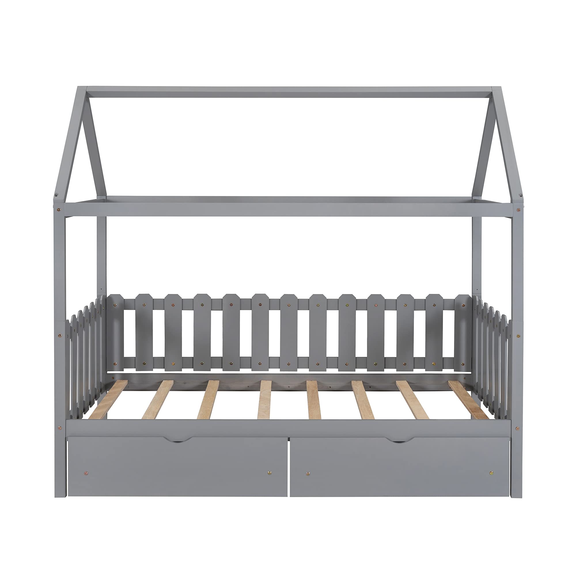 **Kids Twin Size Wooden House Bed Frame with 2 Drawers, Fence Guardrail & Roof - Semi-Enclosed Play Space, No Box Spring Needed (Gray) - Perfect for Bedrooms, Playrooms & Imaginative Play**